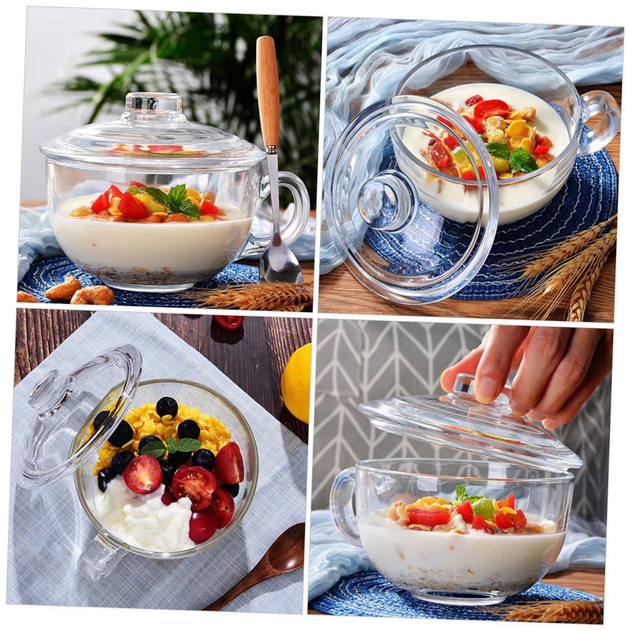 Angoily Bol de Cristal Transparente de 600Ml con Tapa y Asa Ensaladera Práctica para Desayuno Postres Leche Avena y Ensalada Recipiente para Alimentos Domésticos