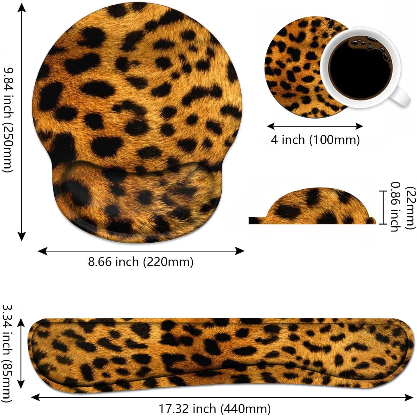 Keyboard Wrist Rest and Mouse Wrist Rest Pad Set with Coasters, Ergonomic Support, Non-Slip PU Base, Easy Typing and Relieve Wrist Pain, Perfect for Home Office Working Studying, Leopard Print