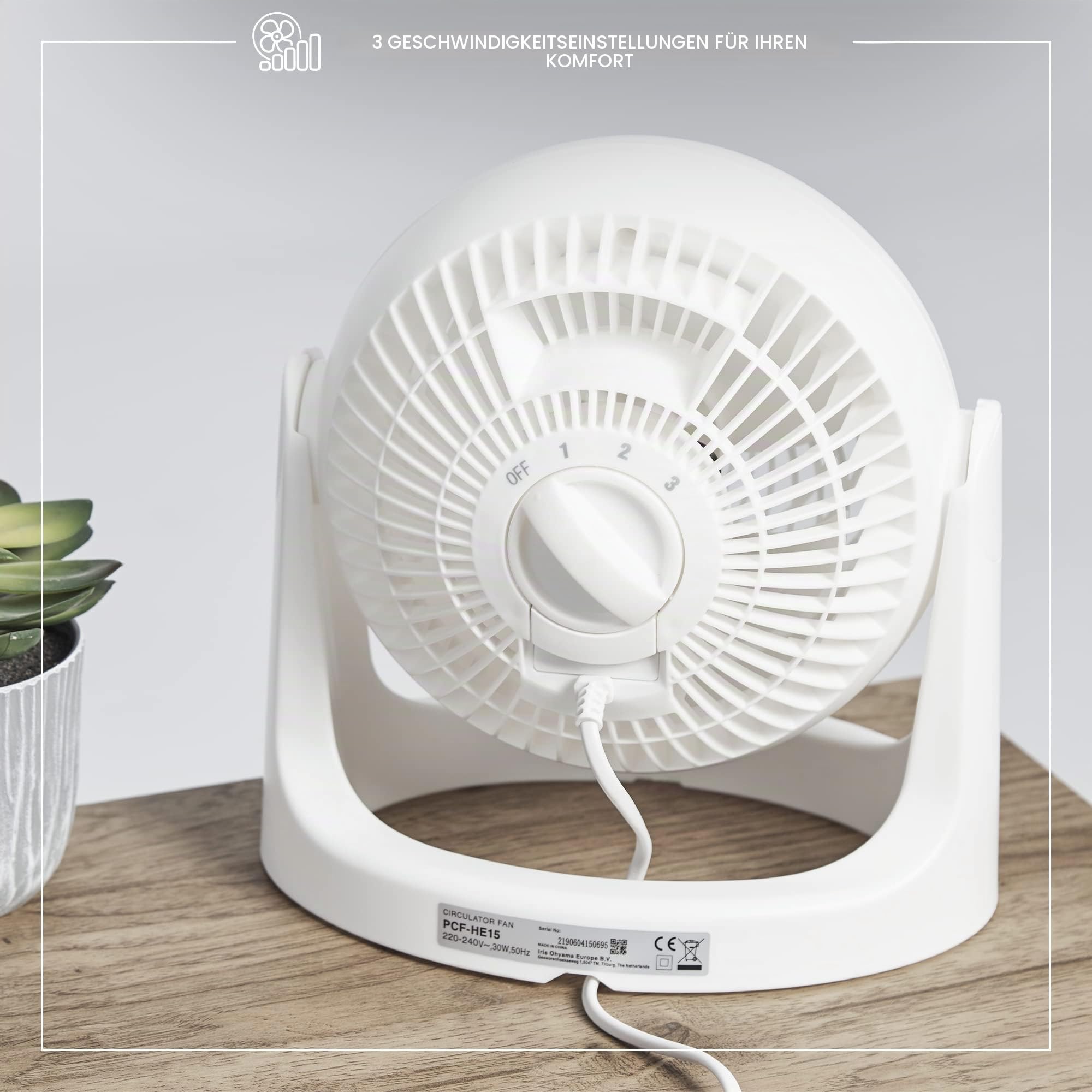 Iris Ohyama Woozoo Tischventilator, Raum bis 13m², Vertikale Neigung 360°, Leise 35dB, Tragbar, 3 Geschwindigkeitsstufen, Fan, Für Schafzimmer, Büro, Weiß, PCF-HE15