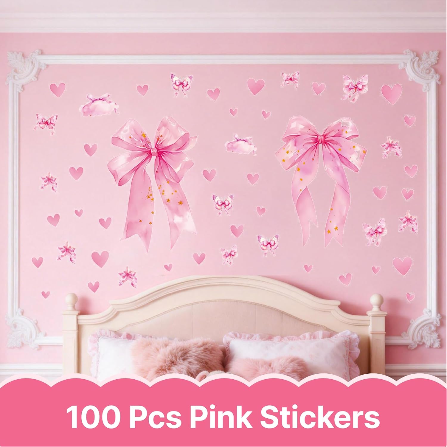 3 Large Pink Bow Wall Stickers and 97 Pcs Pink Heart Wall Decor, Watercolor Bow Sticker, Preppy Style Waterproof Vinyl Sticker for Room, Nurseries