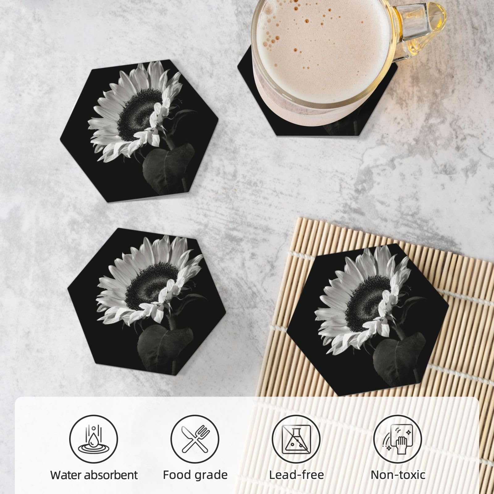 Set di 4 sottobicchieri decorativi in ceramica con stampa di girasole nero e grigio