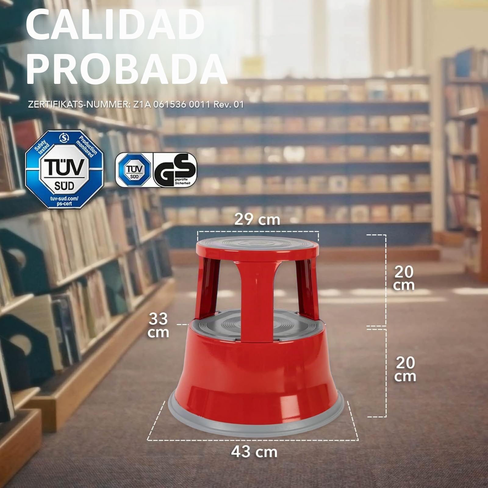 Floordirekt Taburete con ruedas, taburete con pie de elefante, de acero, capacidad de carga de hasta 150 kg, para oficina o comercio, color rojo, metal