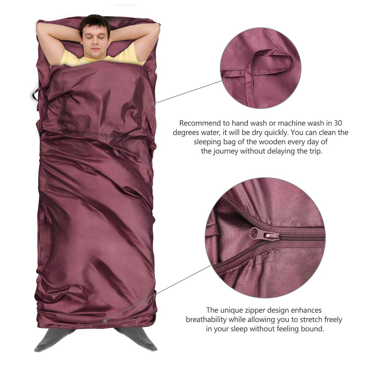 Drap de Sac de Couchage, Sac a Viande Couchage Douce avec Poche d'oreiller, Drap de Sac Ultraléger et Portable pour Hôtels, Randonnée, Camping (Bordeaux)