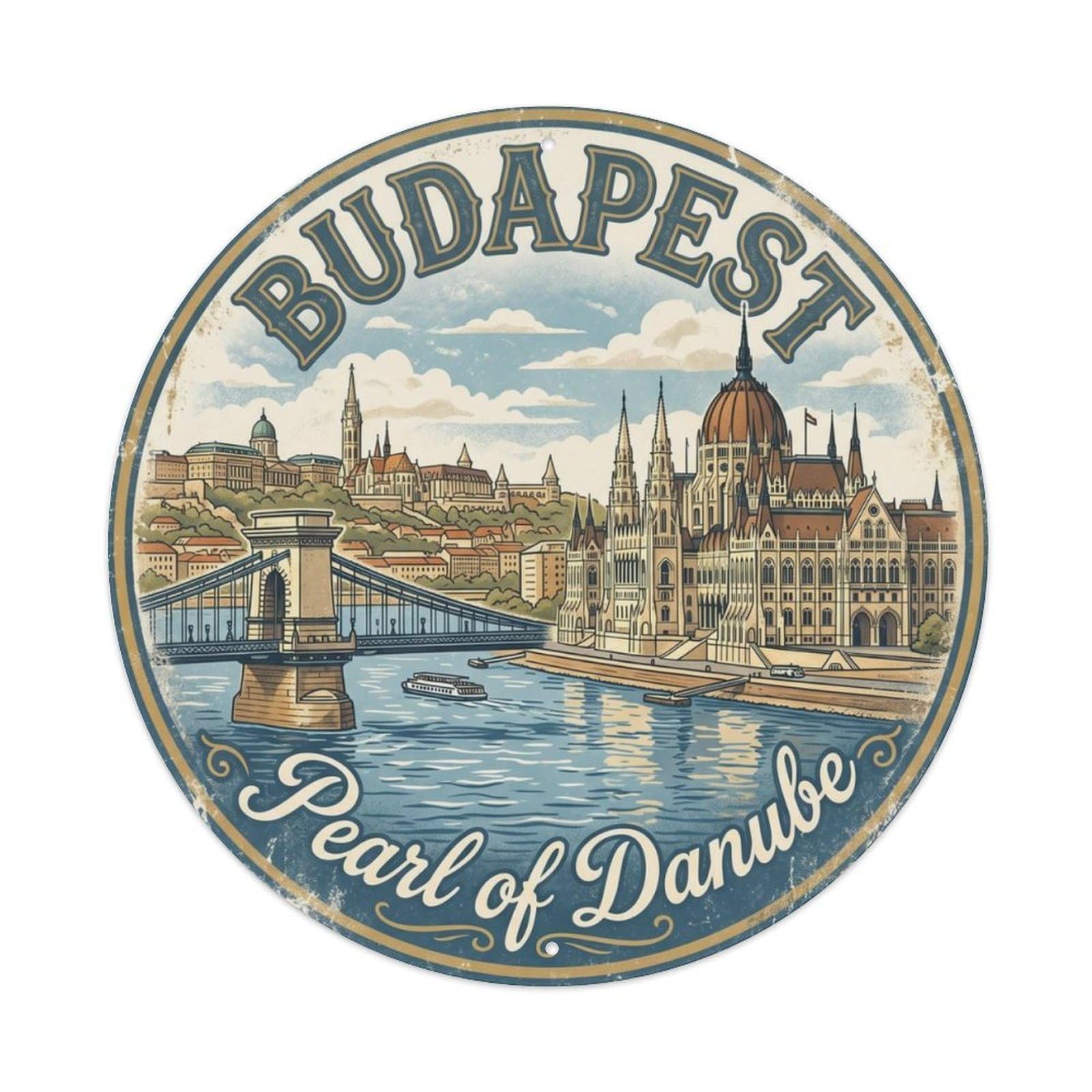 Vintage Travel Budapest Parliament Danube Metal Tin Sign Plaque Wall Decor for Cafe, Club, Garden Round Metal Poster 8x8Inch