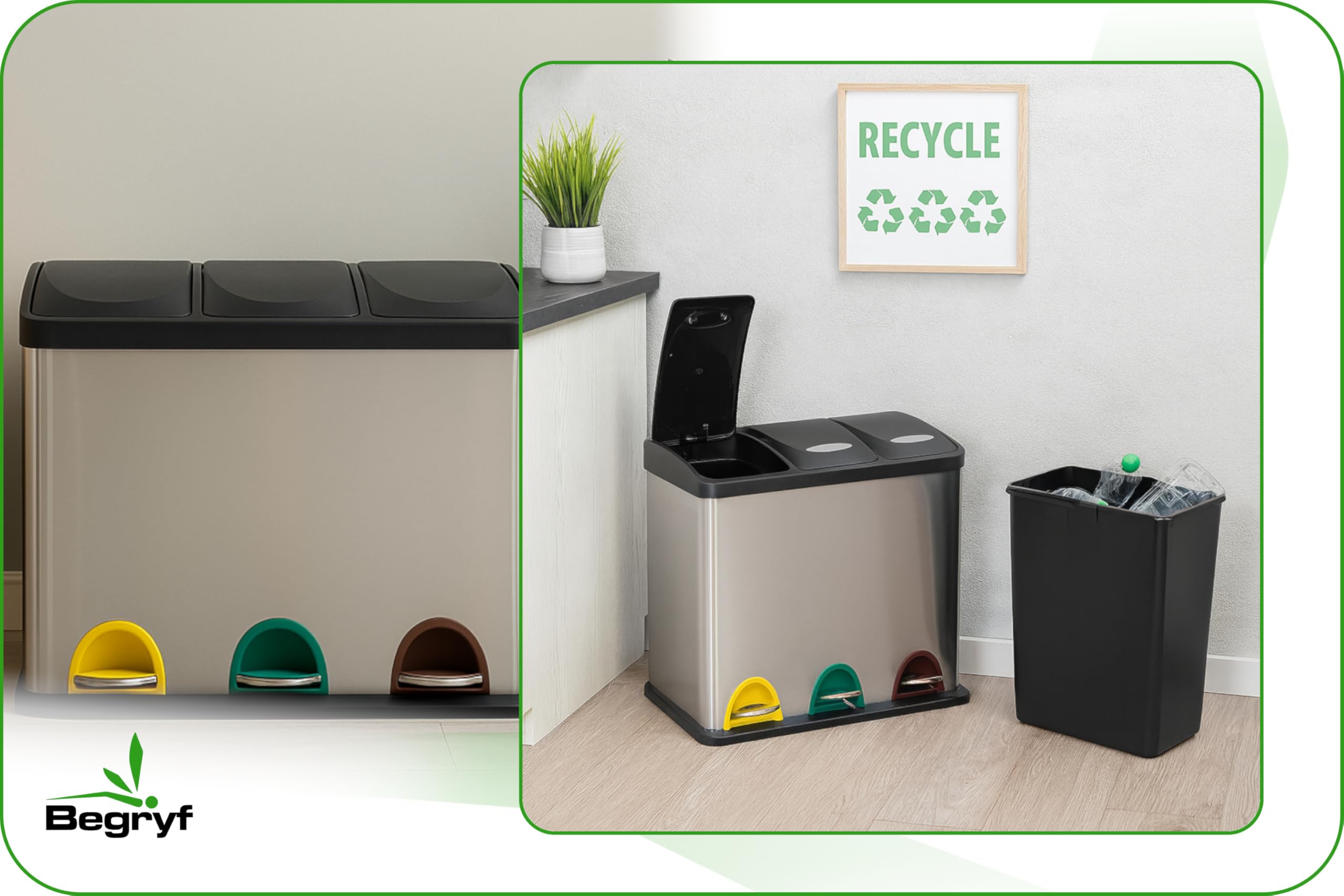 Mülleimer 24L 3 Fächer, Edelstahl Treteimer mit Inneneimern, Mülltrennsystem Küche, Abfalleimer mit Pedal, Recycling Abfallbehälter modern, Mülltrennung für Küche und Büro