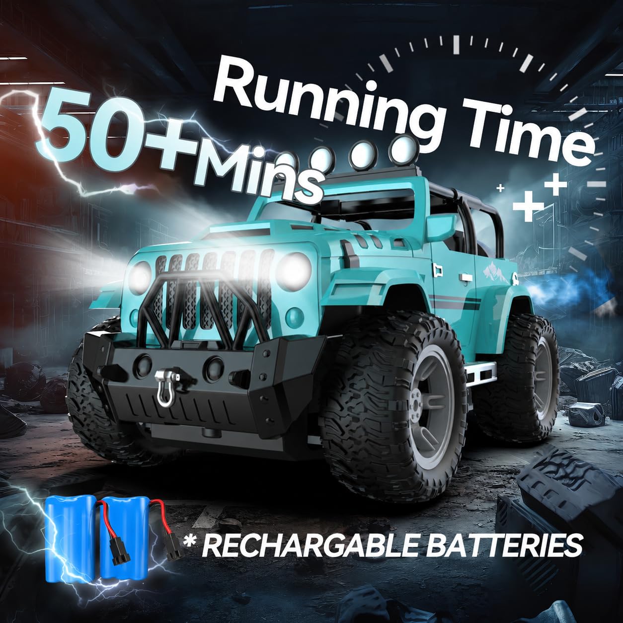 DEERC Auto Jeep telecomandata con nebbia e musica, Camion telecomandato 1:16 per ragazzi, Auto giocattolo RC da 2,4 GHz con 2 batterie, Regali SUV per tutti i terreni Cingolata con gancio di traino