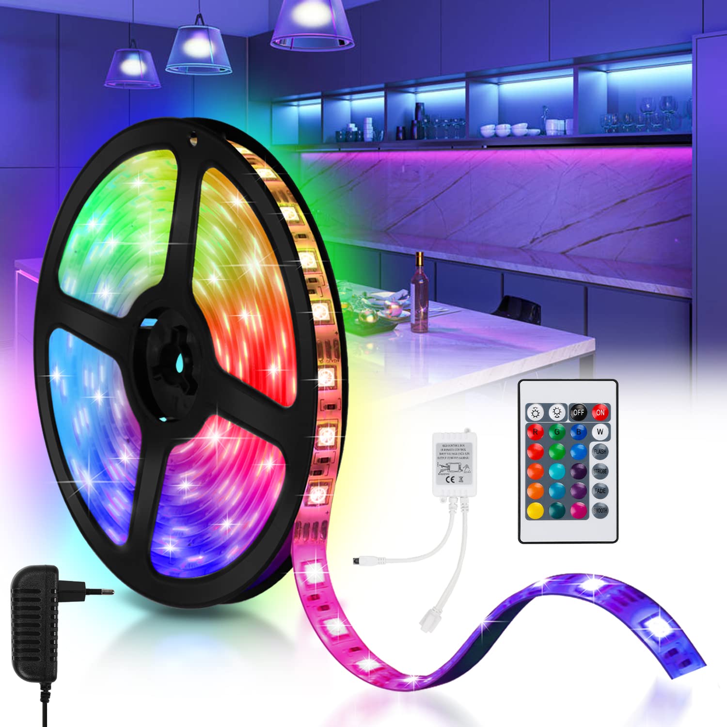 LED Strip 20m RGB LED Streifen, Lichterkette mit Fernbedienung und Netzteil, 5050 Leds Strips mit 15 Farbwechsel und 4 Modi, Lichtband Selbstklebend, für Haus, Party, Küche