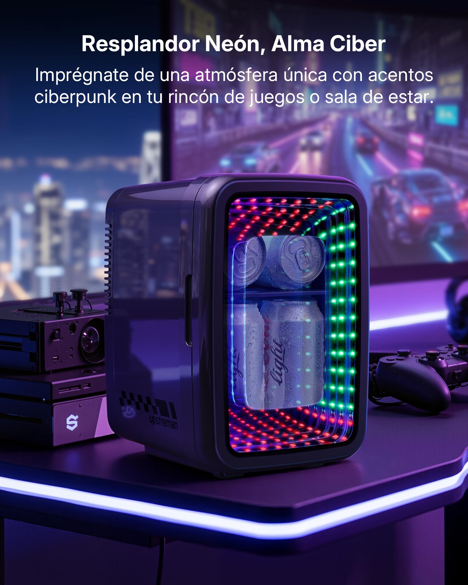 Upstreman Mini Nevera 4L/6 Latas con LED, TR4-S | Efecto Túnel LED Infinito, 12V/220V, Portatil, Para Habitacion, Gaming, Dormitorios Compartidos, Oficina, Coche