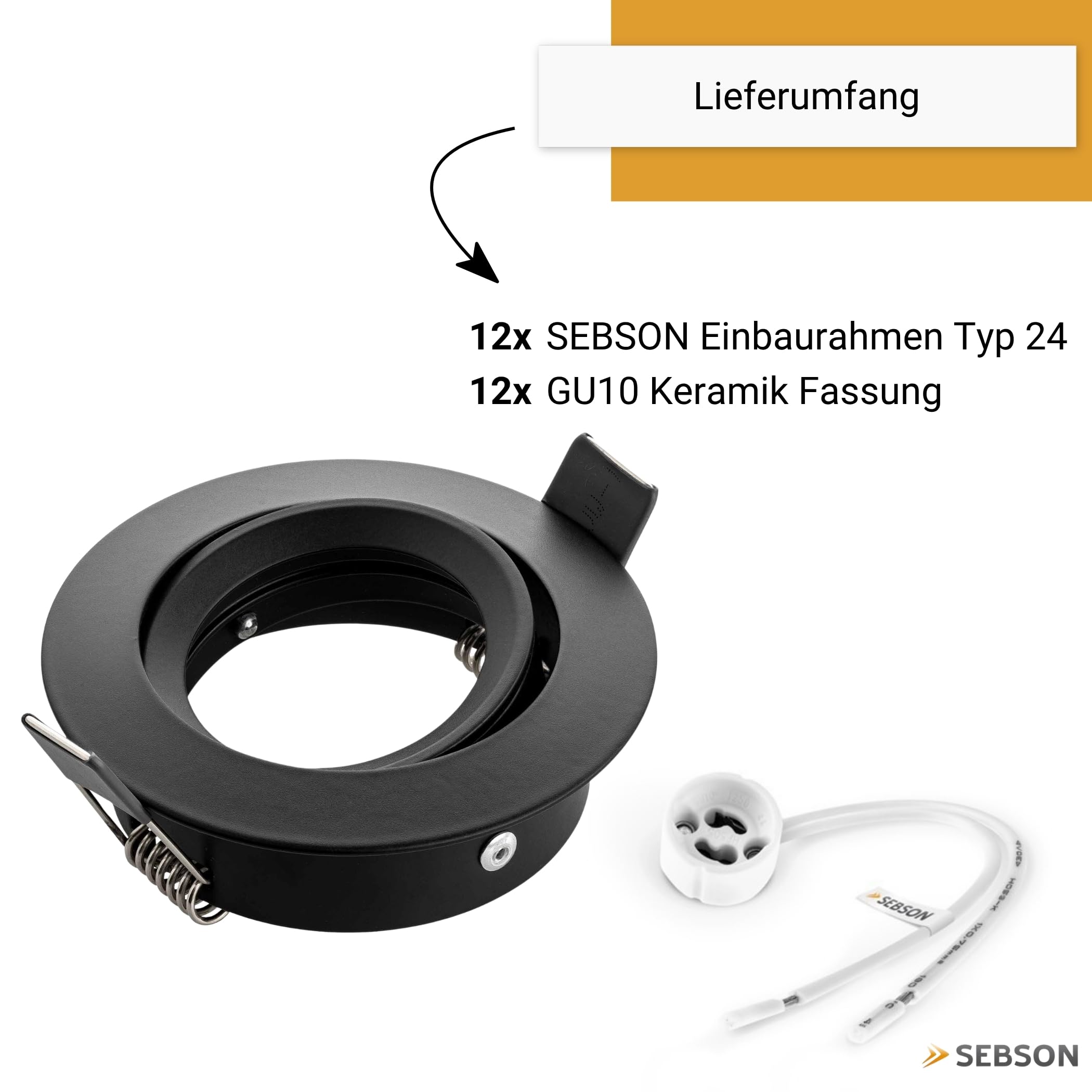 SEBSON Gehäuse für Einbaustrahler mit GU10 Fassung, Einbaurahmen, 12er Set | Geeignet für LED & Halogen Lampen 230V, Alu schwarz, schwenkbar, Lochdurchmesser 73-77mm Abdeckung Ø84mm für Deckenspots