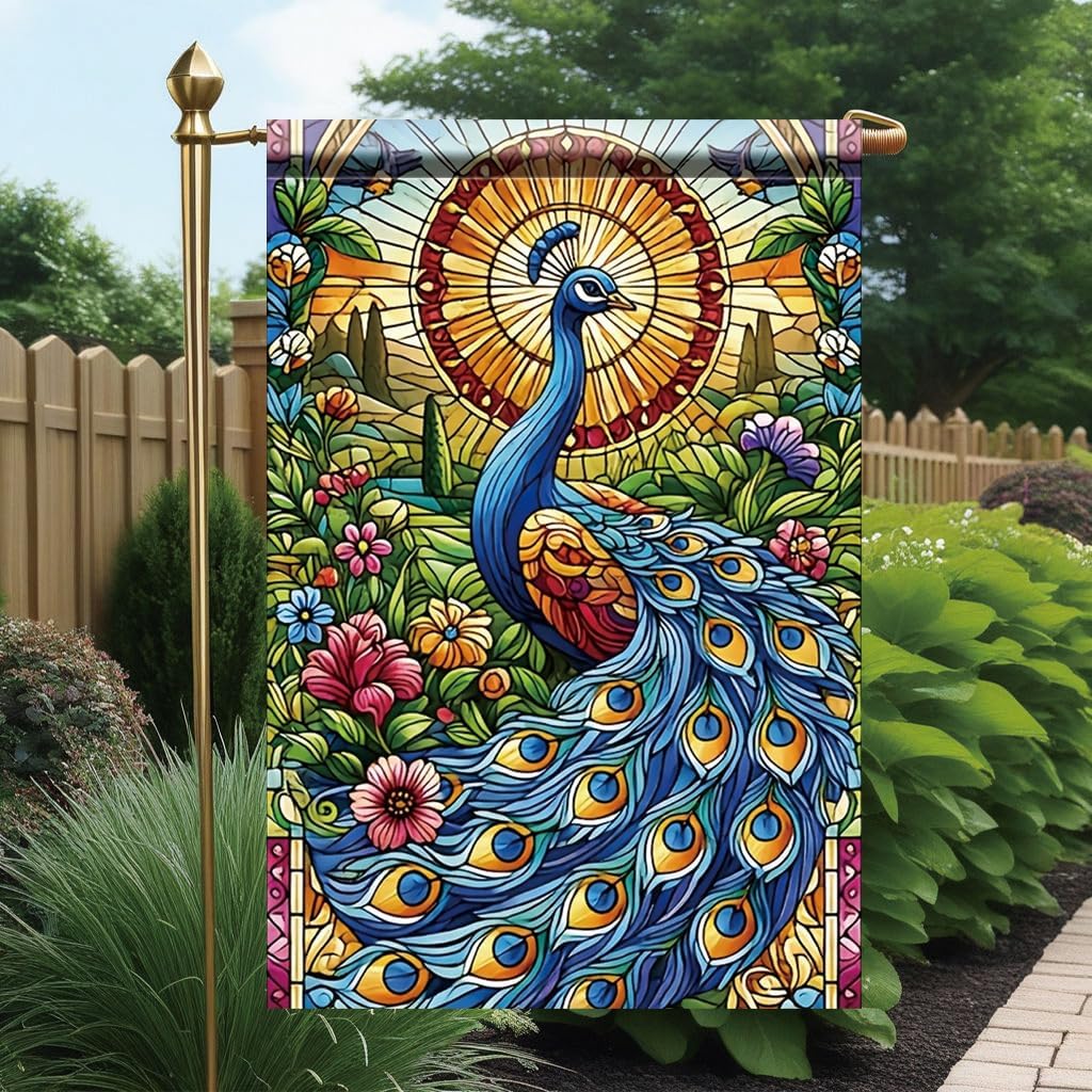 Peacock Garden Flag 12x18 Inch Double Sided Outdoor Yard Banner Colorful Stained Glass Peacock Design Floral Pattern Decorative Flag for Spring Summer Garden Home Decor - Image 6