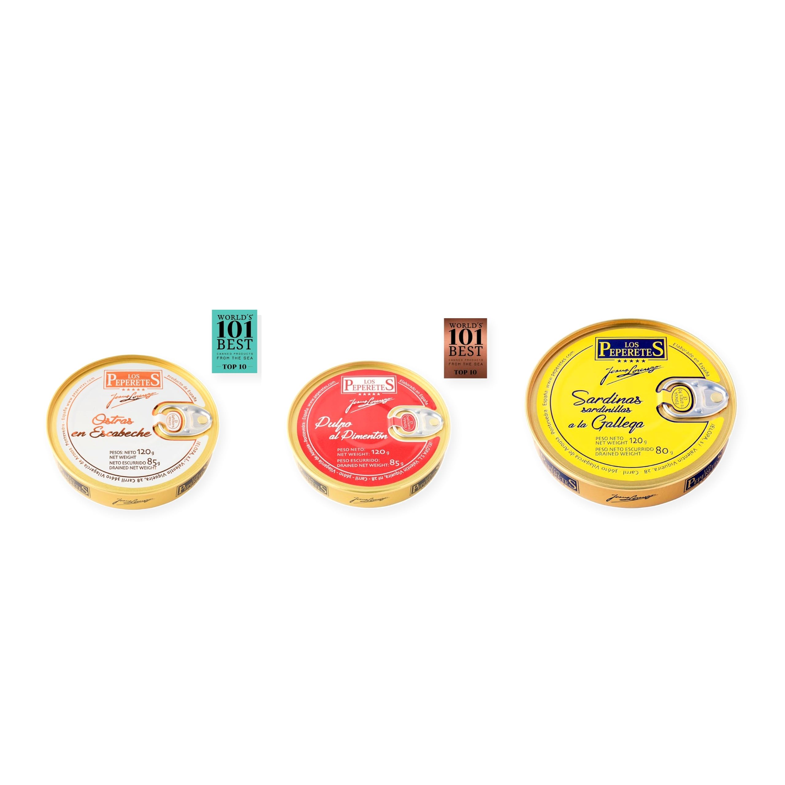 los peperetes conservas Ostras Escabeche, Pulpo Pimentón y Sardinillas Gallega pack 3 latas