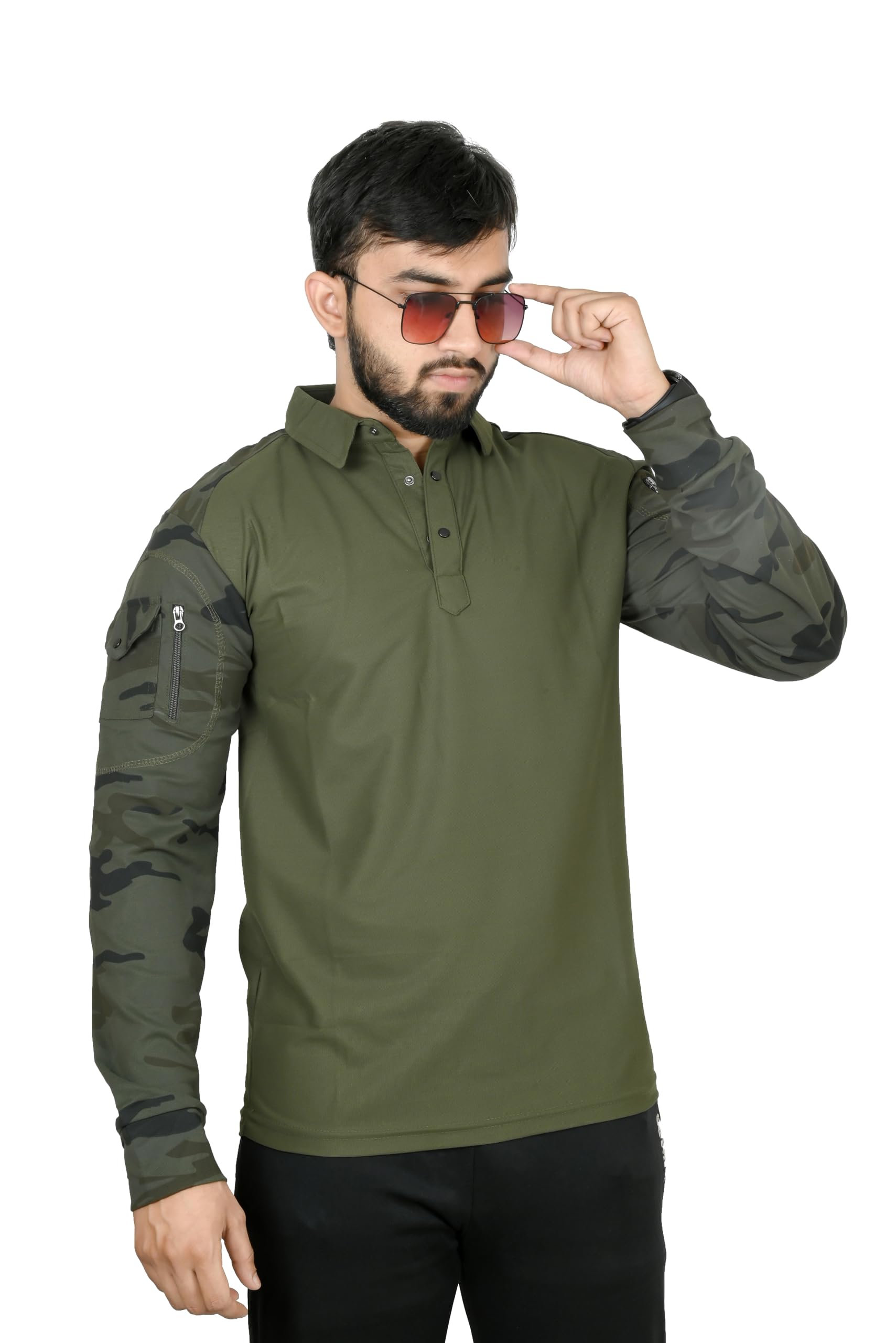 Men's Tactical Polo T-Shirt, Olive Green, Military Style Camouflage Sleeves with Zip Pocket-picture-26