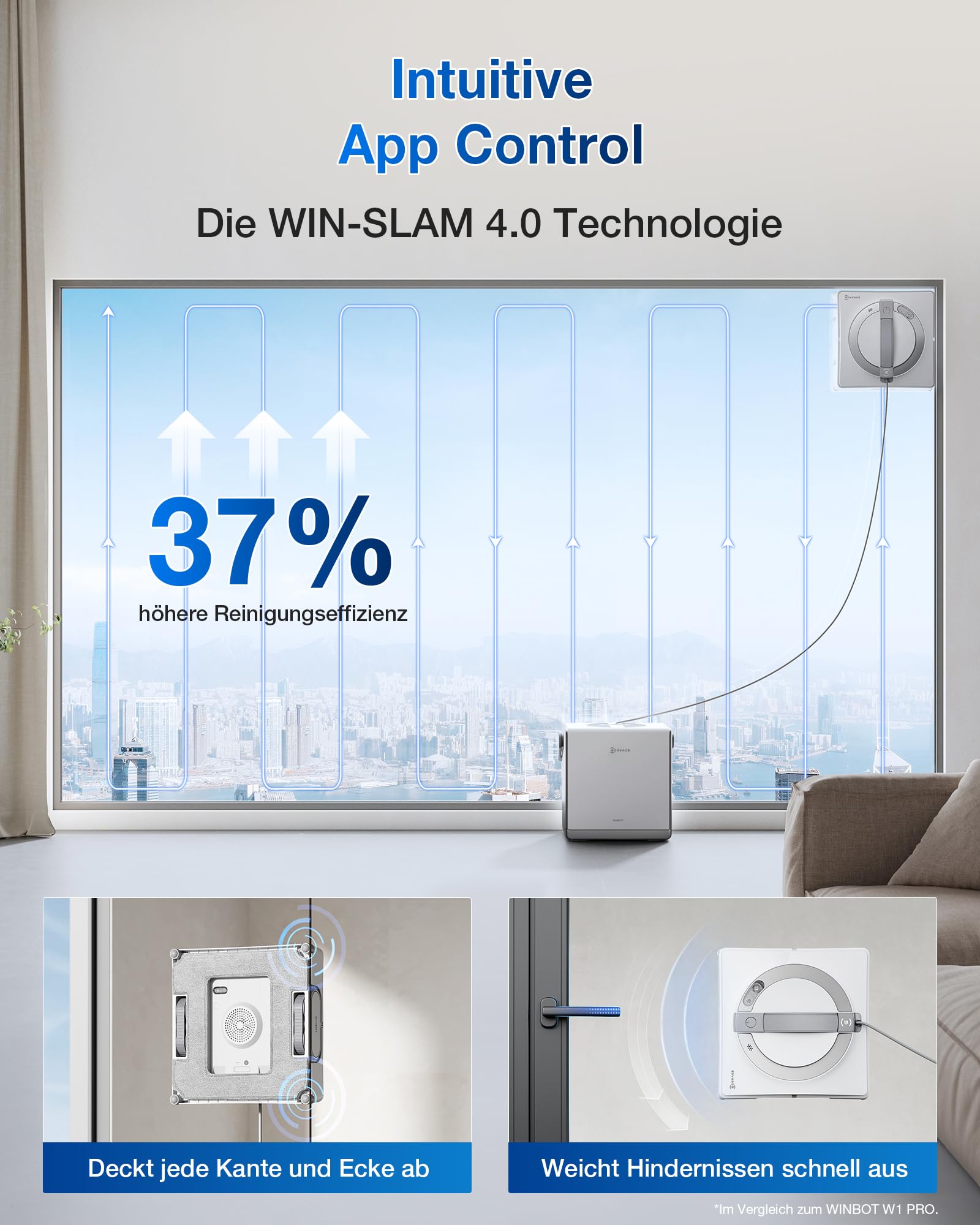 ECOVACS WINBOT ‎W2 PRO Omni Fensterputzroboter mit 6-in-1 Multifunktionsstation, Aufladen im Betrieb, 3-Düsen-Sprühkopf, 12-Stufen-Schutz, Win-SLAM 4.0 Pfadplanung, Weiß
