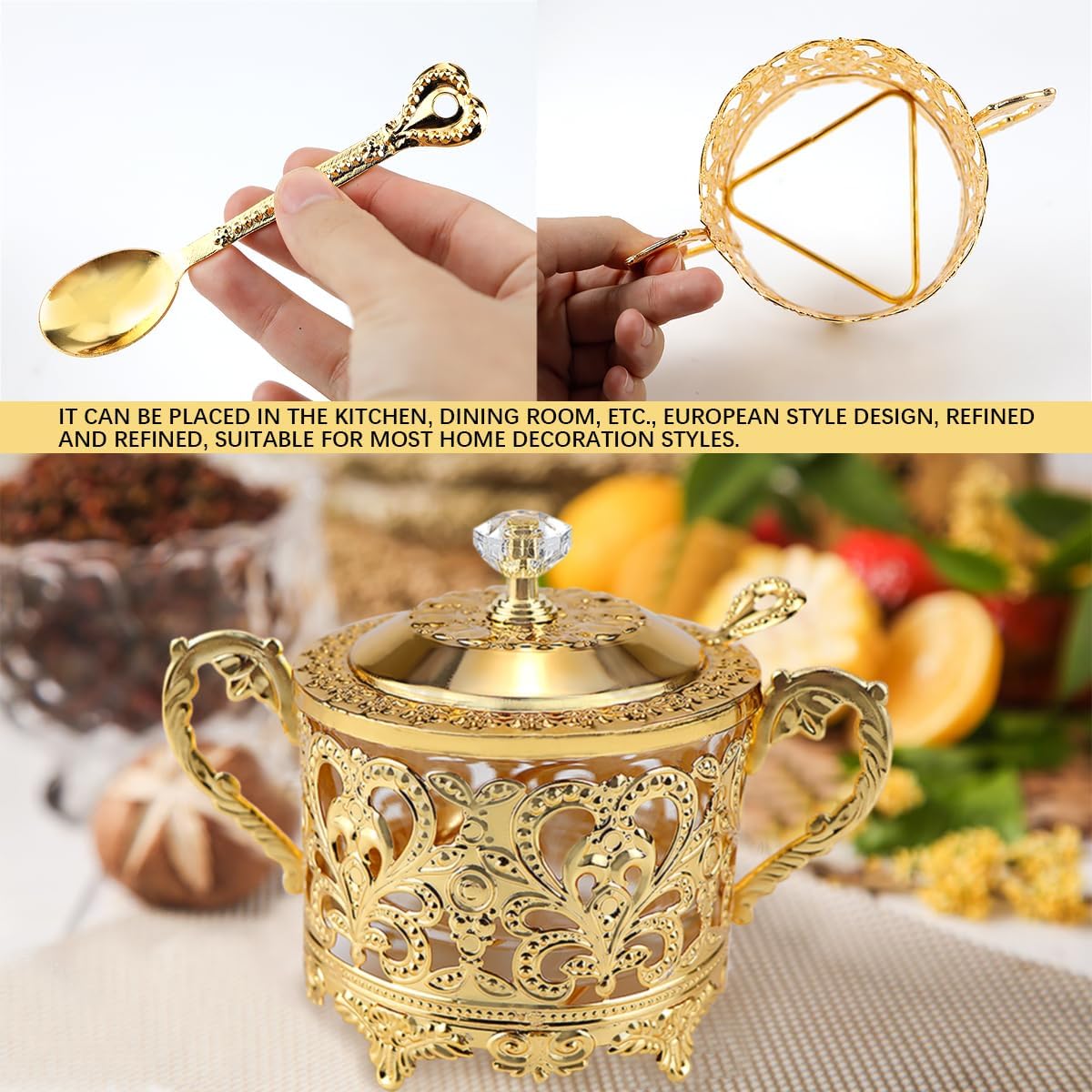 Vintage Glass Sugar Bowl with Lid and Spoon Kitchen Food Canister Condiment Pot Spice Glass Jar Sugar Container for Home, Restaurant Kitchen（Gold）