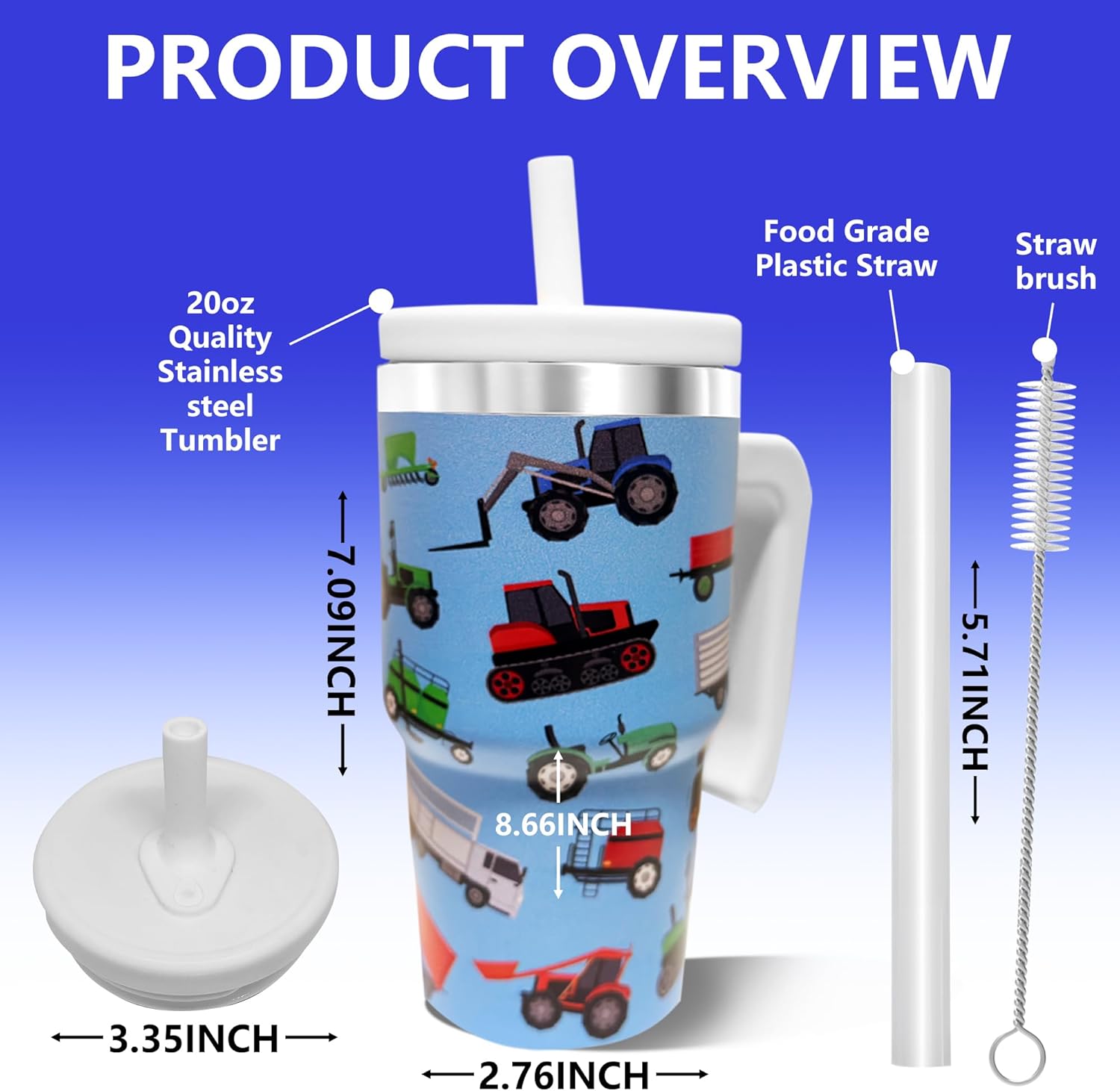 20-OZ Insulated Water Bottle,Insulated Stainless Steel Tumbler,Reusable Cold Drink Thermos,BPA-Free, Double-Wall Stainless Steel Water Bottle (Blue-Farm Vehicle, 20, Fluid Ounces) - Image 2