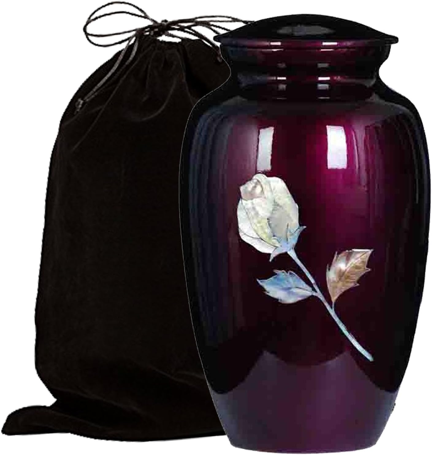 Mother of Pearl Inlaid Metal Cremation Urn - Handcrafted Full-Size Funeral Urn for Ashes - Includes Velvet Bag (Burgundy Rose)