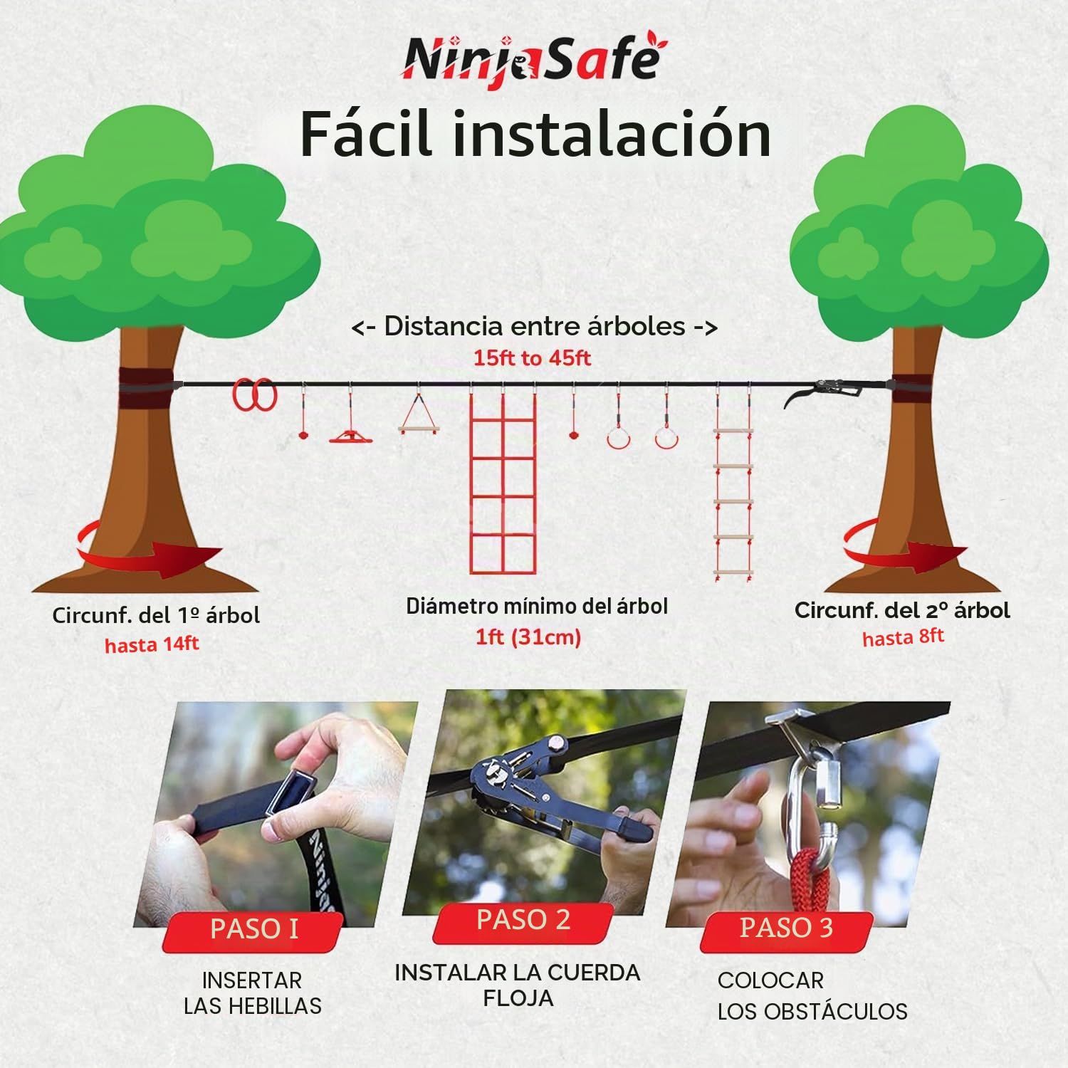 Carrera de obstáculos Ninja para Patio Trasero de niños, 10 obstáculos duraderos y línea de holgura de 15 m, Equipo de Juego al Aire Libre para niñas y niños con Red de Escalada y Escalera, Rueda