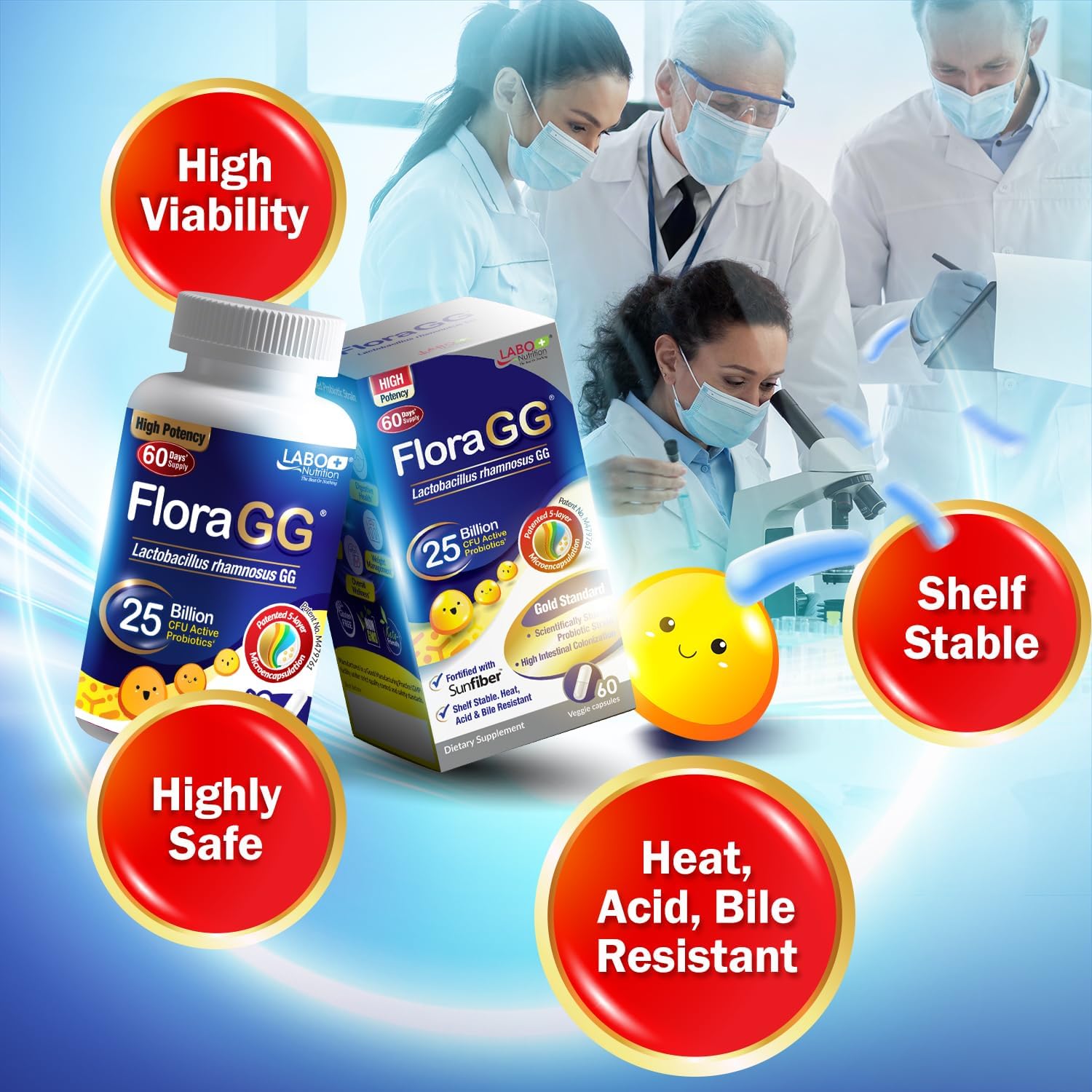 LABO Nutrition FloraGG Lactobacillus Rhamnosus LGG 25 Billion CFU Daily (LGG Probiotic with Sunfiber) 5-Layer Microencapsulated L. Rhamnosus Supplement | Digestion & Immune Support | 60 Capsules - Image 5