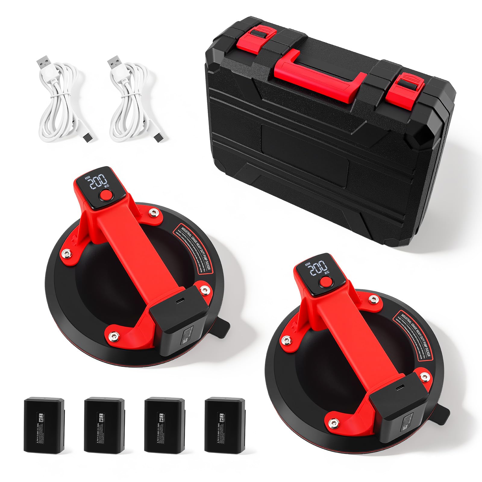 Elevador de succión con batería, juego de 2 unidades, 20 cm, elevador eléctrico para azulejos, aspirador de cristal con 4 baterías de 2400 mAh, pantalla LCD, capacidad de carga máxima de 200 kg