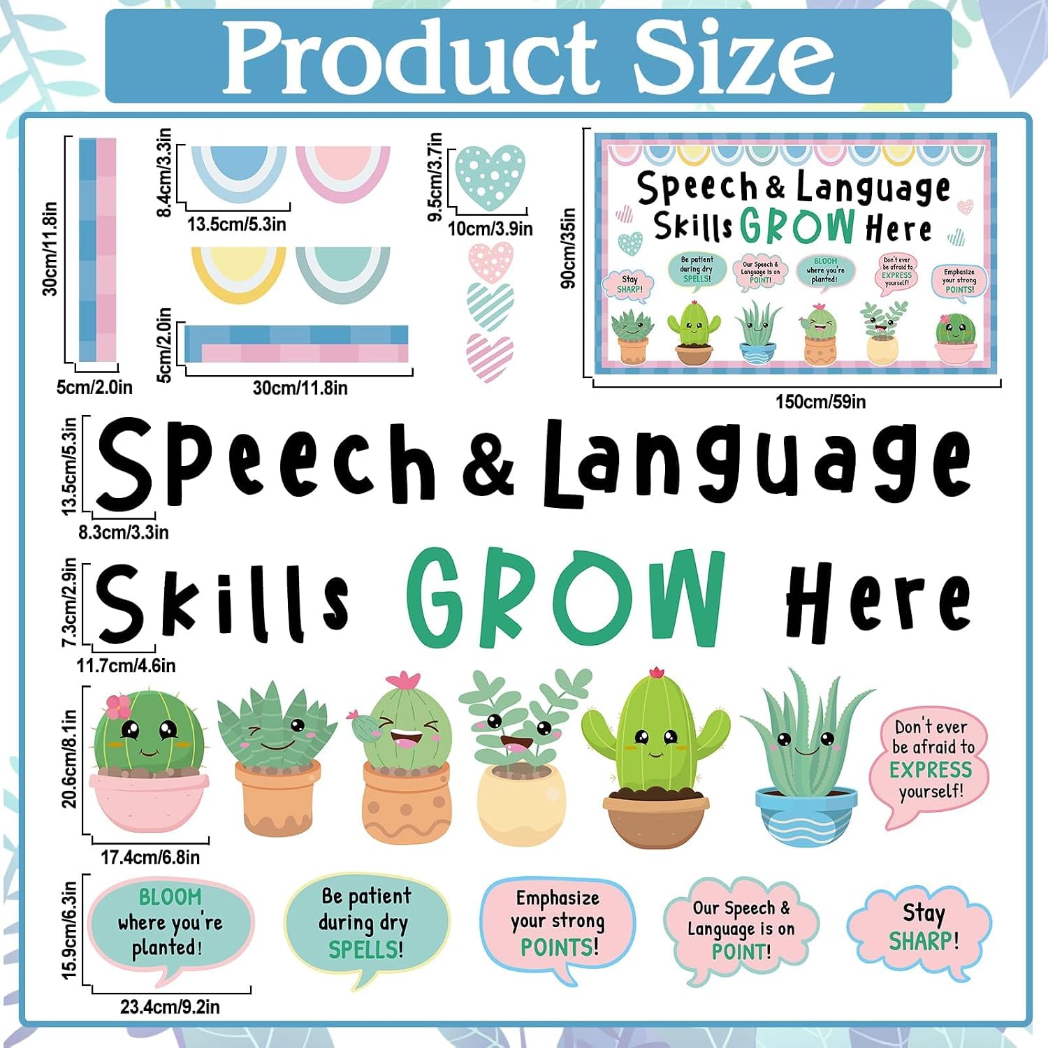 Speech Therapy Bulletin Board Decorations Motivational Succulent Plant Themed Bulletin Board Set End of Year Cactus Positive Affirmations Accents Cutouts for School Classroom Wall Door Decor Supplies