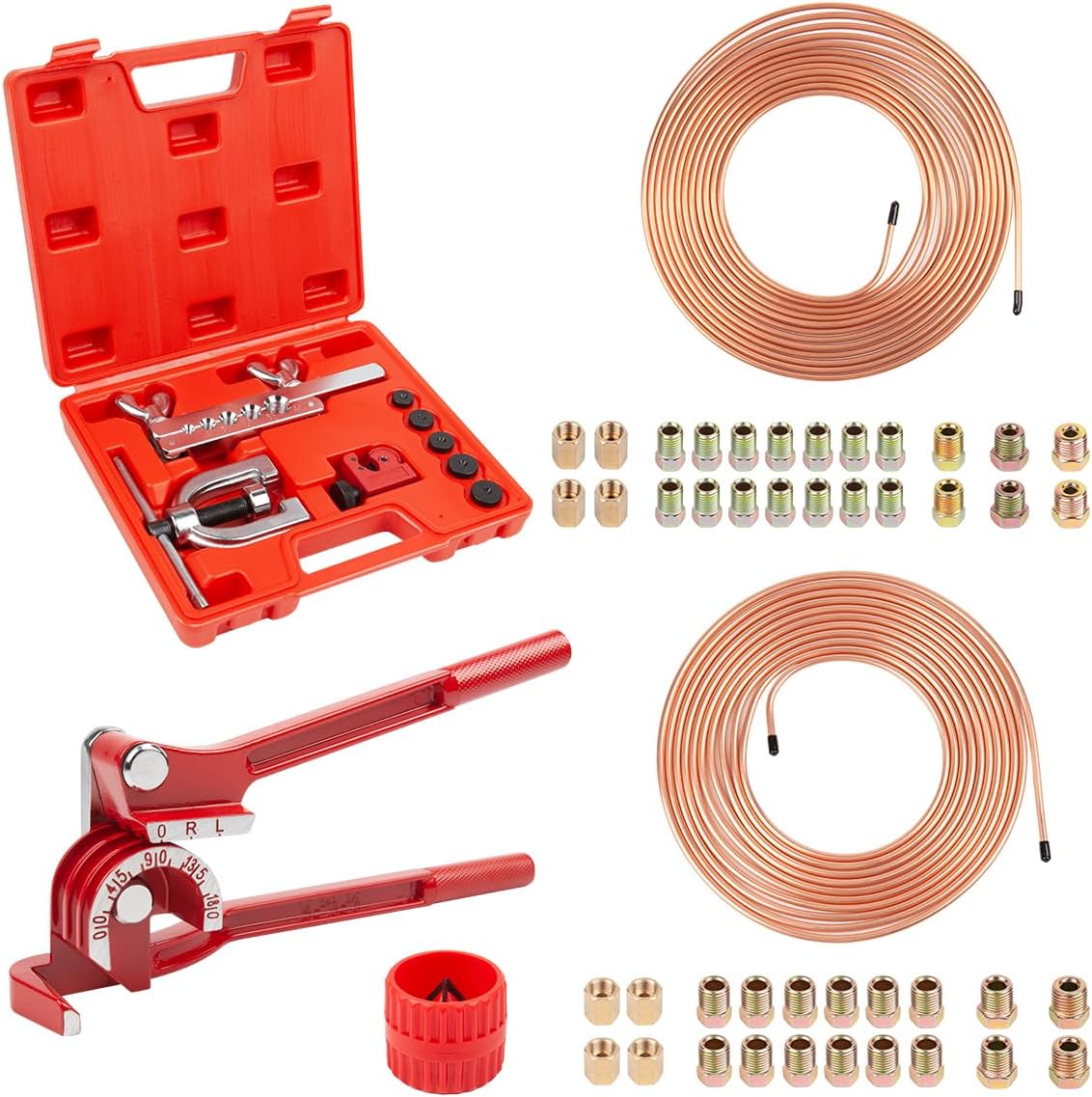 ICOOL 25 ft 3/16" and 1/4" Copper-Plated Brake Line Flaring Tool Kit with 20 Fittings and 4 Unions Brake Line Fittings, Brake Line Kit with Tube Bender and Reamer