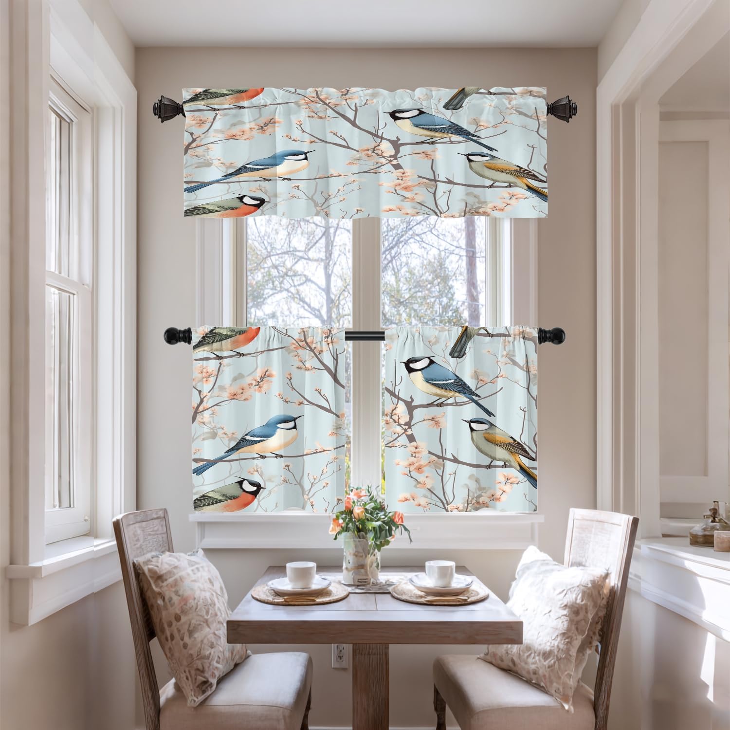 Birds On Blooming Branches Kitchen Valances for Windows, Birds Perched On Branches Blackout Valances Curtains Multilayer Polyester Drapes for Kitchen Bedroom 2 Pack 52X18 Inches