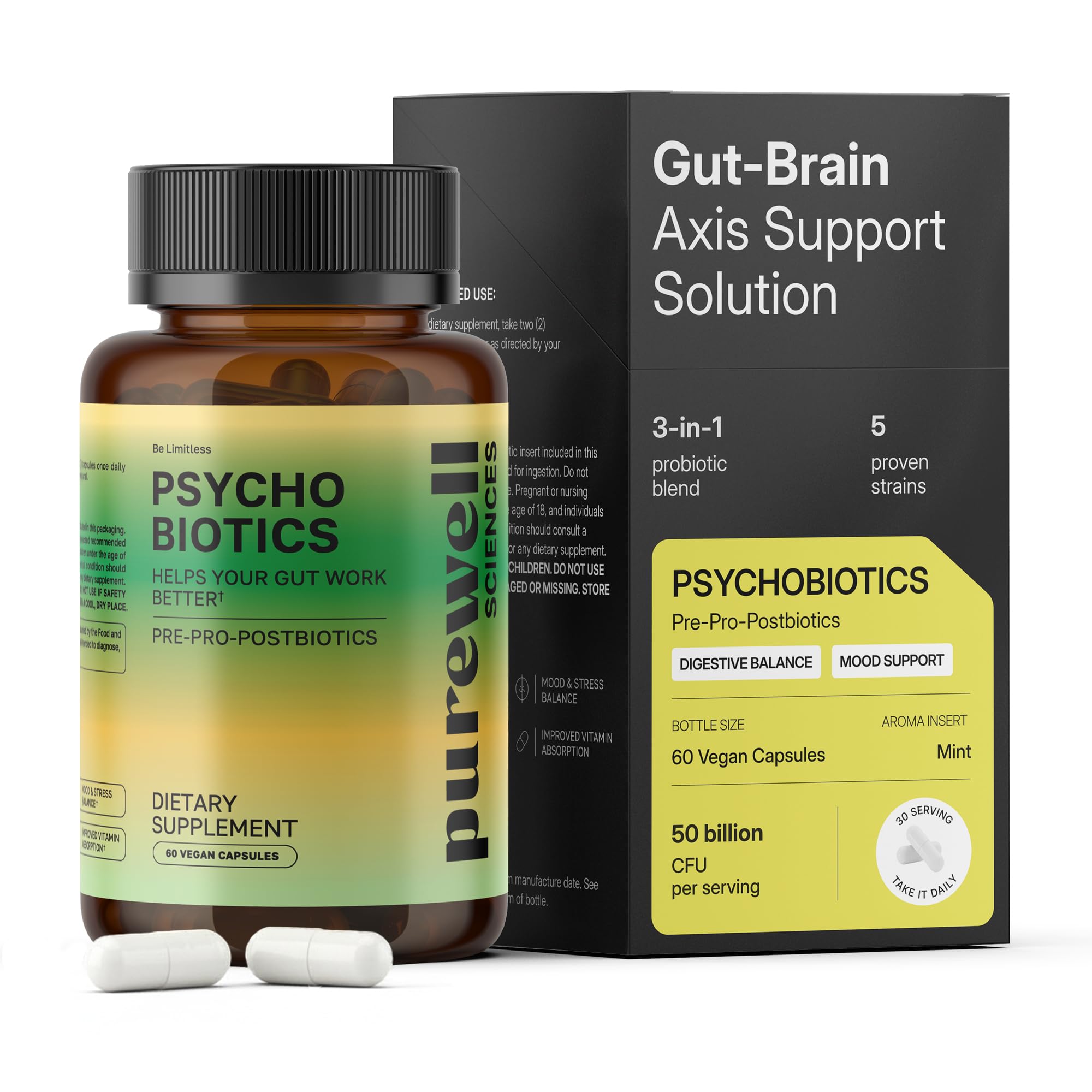 Psychobiotics - 3-in-1 Probiotic for Gut & Mood Support - 60 Vegan Caps 60 Count (Pack of 1)