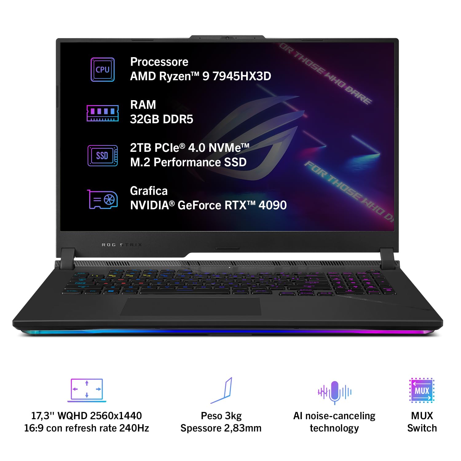 ASUS ROG Strix SCAR 17 G733PYV#B07MP97DPF, Notebook 17,3" WQHD 16:9 Anti-Glare, 240Hz, AMD Ryzen 9 7945HX3D, RAM DDR5 32GB, 2TB SSD PCIE, NVIDIA GeForce RTX 4090 16GB GDDR6, Windows 11 Home, Nero