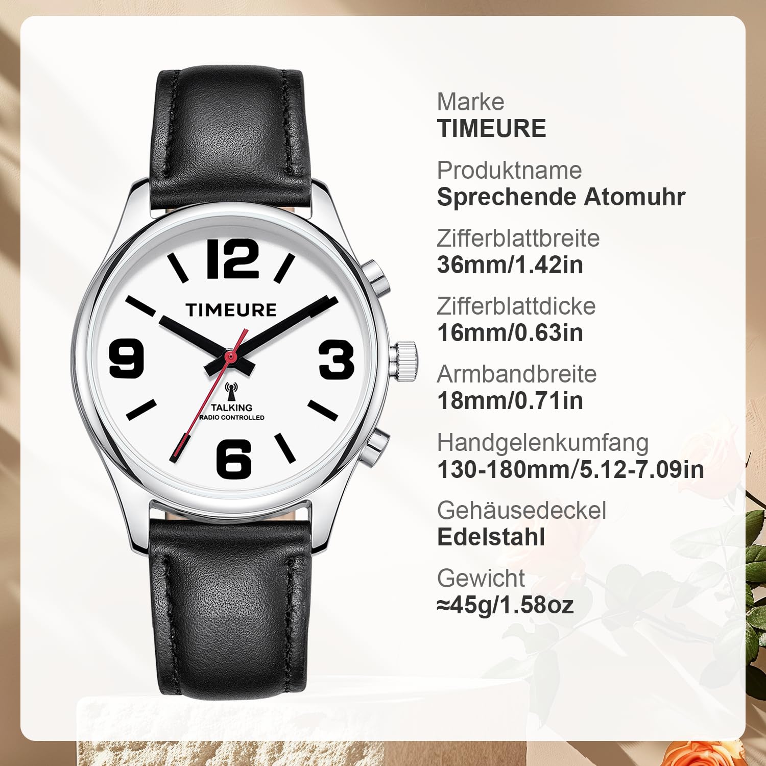 TIMEURE-2309L Sprechende Funkarmbanduhr mit Analoganzeige | Sprachansage von Uhrzeit und Datum. Automatische Zeiteinstellung. Alarm und einstellbarer Stundenschlag.
