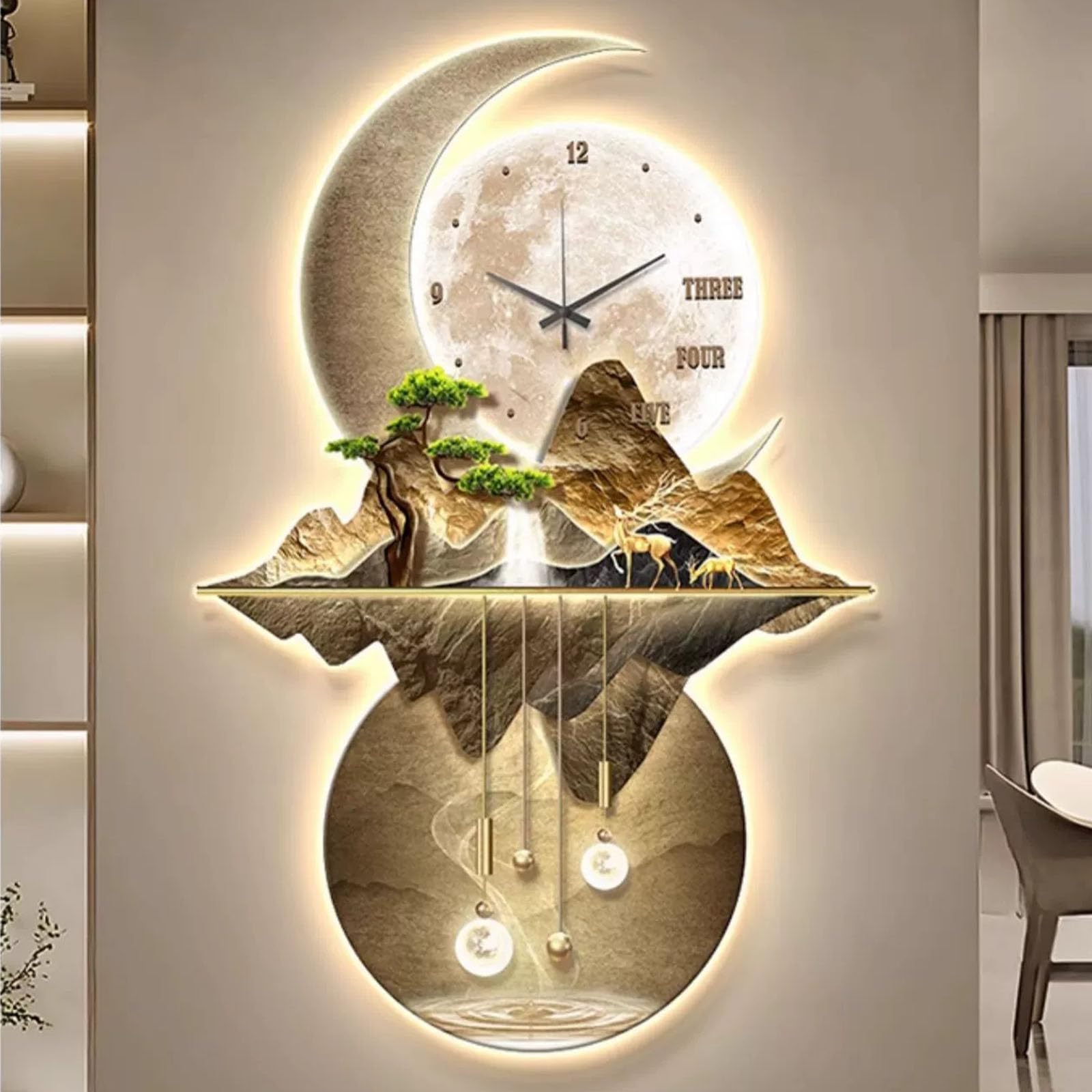 Esculturas de pared de metal 3D pintura colgante arte de pared con luz LED, esculturas de pared colgante arte decoraciones reloj de pared, decoración oriental para el hogar tradicional chino Koi