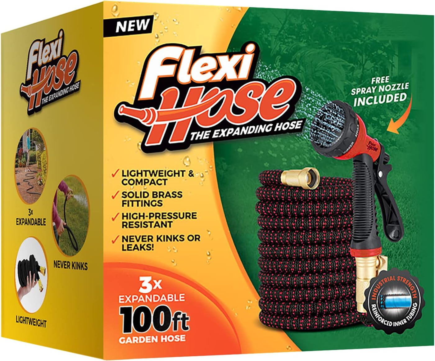 MULTIPLE COLORS - Flexi Hose with 8 Function Nozzle Expandable Garden Hose, Lightweight & No-Kink Flexible Garden Hose, 3/4 inch Solid Brass Fittings and Double Latex Core, 100 ft Red & Black