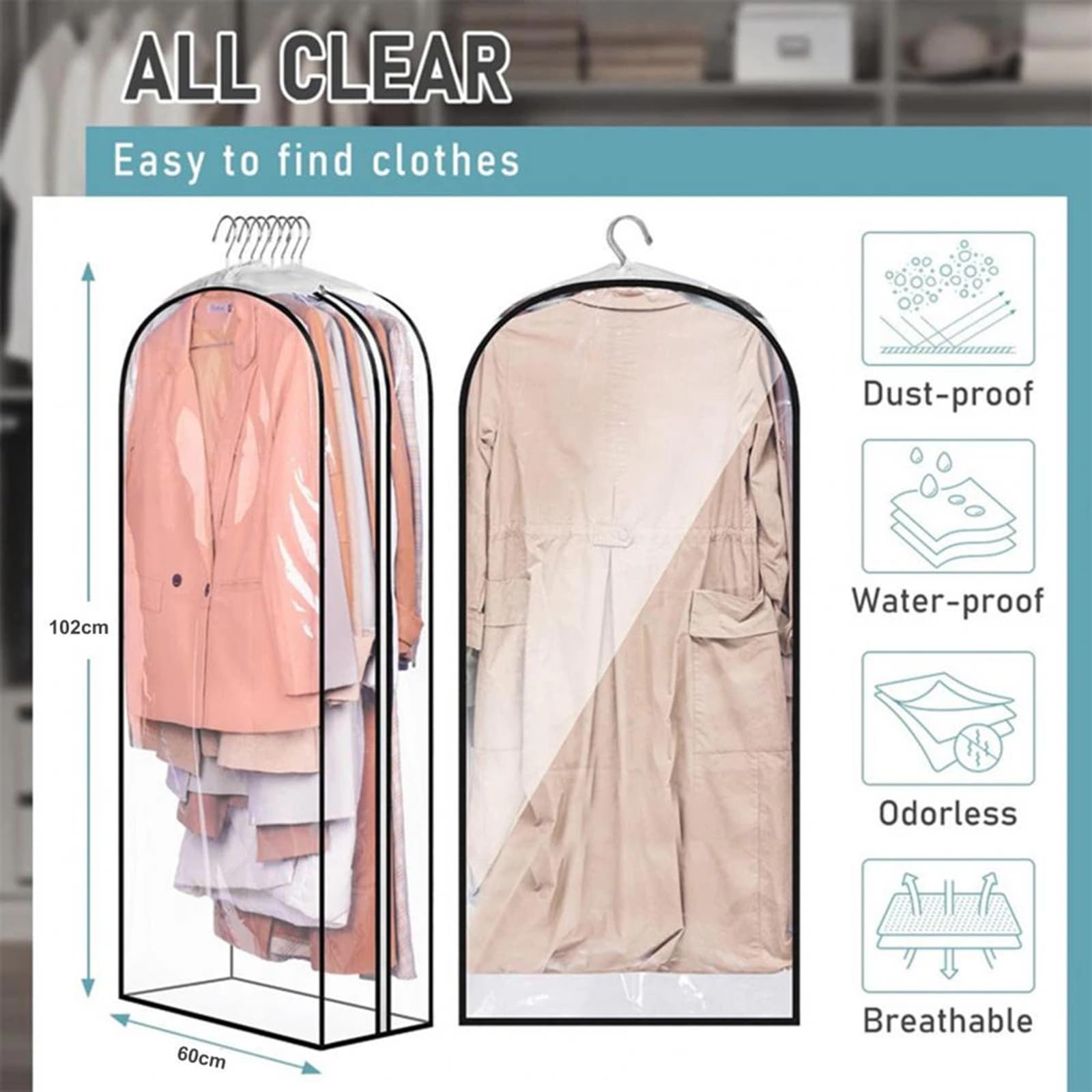 Fundas para Ropa Paquete de 3 Bolsas para Ropa Totalmente Transparentes Bolsas dArmario con Refuerzos y Cremalleras Laterales para Trajes, Abrigos, Vestidos, 102 X 60 X 25,5 cm, Transparente