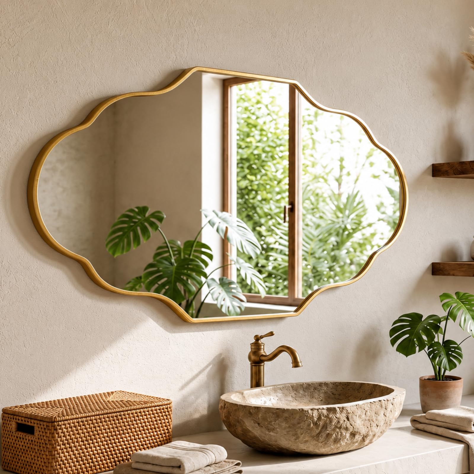 Clevich Espejo de Pared Irregular con Aluminio - diseño de farolillo Delgado y Moderno - Espejos Decorativos de Pared Elegante y Moderno - para Sala de Estar, baño, Dormitorio (Dorado, 66x116cm)