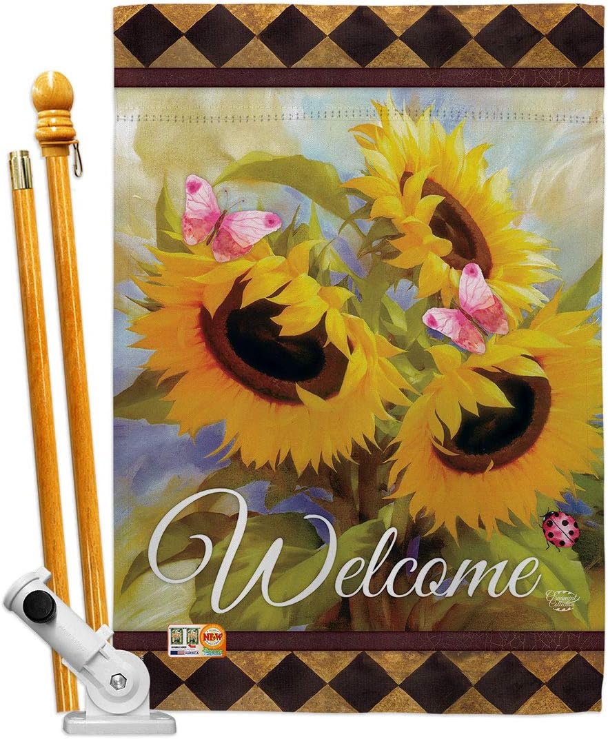 Welcome Sunflower Spring House Flag Garden Floral Tulip Rose Orchid Lilies Season Springtime Flower Wreath Small Decorative Gift Yard Banner Made in USA 28 X 40