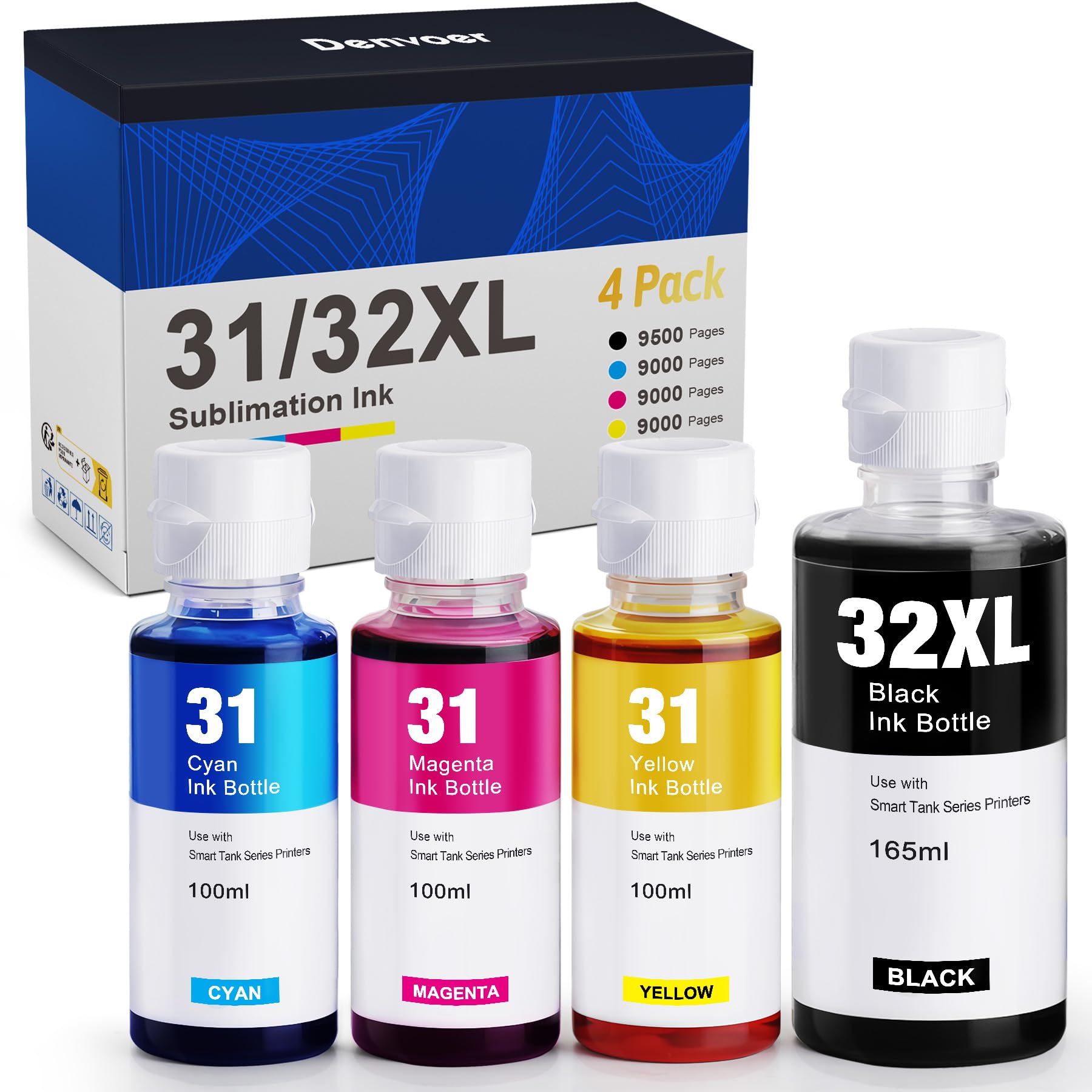 Denvoer 31 32XL Tinte Kompatibel mit HP 32XL HP 31 Tinte und HP Smart Tank 5105 Tinte für hp smart Tank 7305 7005 7308 7605 5106 5107 und Smart Tank Plus 455 515 555 559 580 655 Drucker (4 Flaschen)
