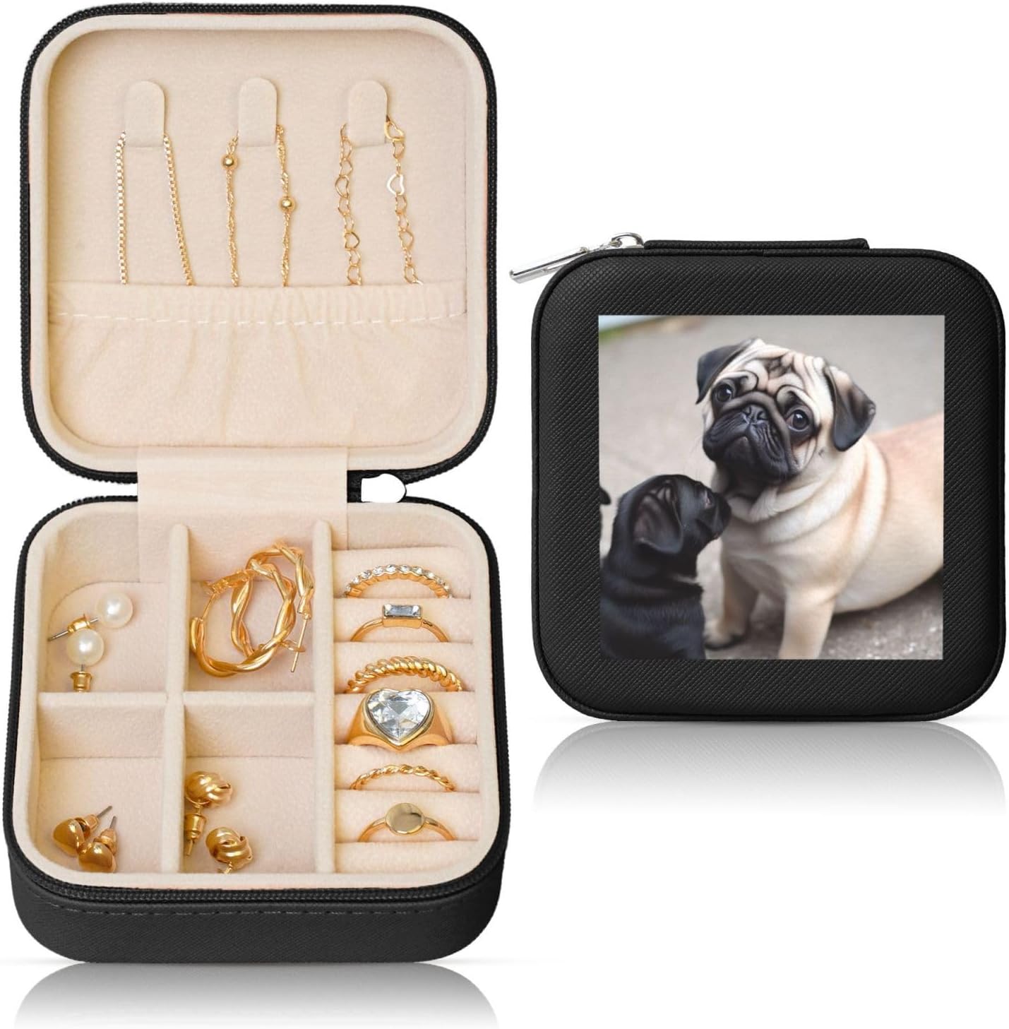 Cute Pet Pug Jewelry Box Case Small Travel Jewelry Case Organizer For Women Ladies Girls Gifts For Birthday Christmas,Black
