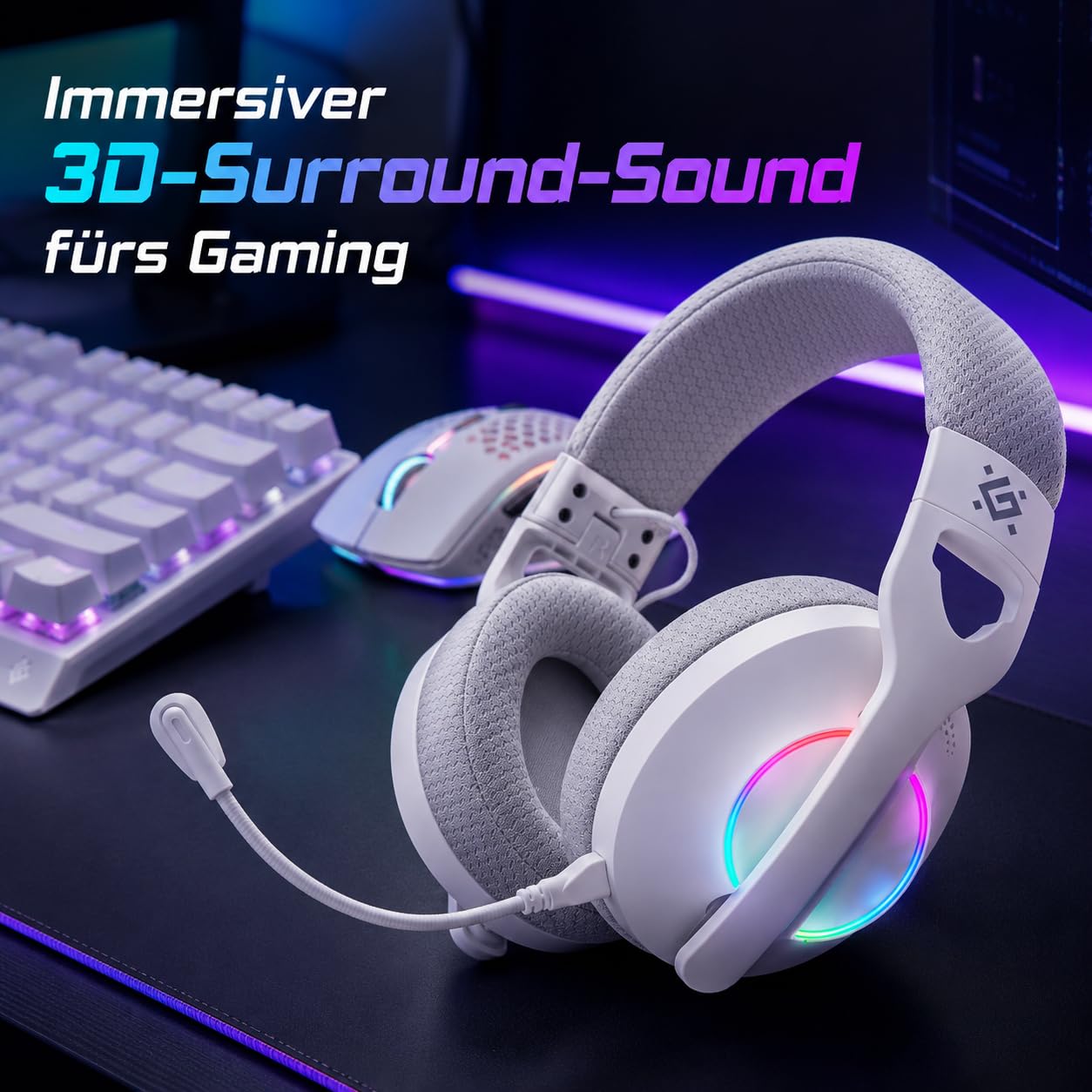 Defender® Weaver PRO Wireless Gaming Headset 40h Akkulaufzeit, 2.4GHz+BT(≤30ms), 7.1 SurroundSound,Kopfhörer Mit Mikrofon mit Noise-Cancelling, Kompatibel für PS5/PS4/Switch, PC Headset, Weiß