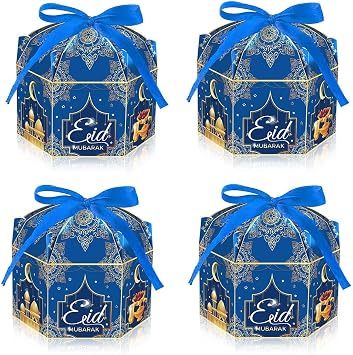 Estivaux 12 Pack Eid Mubarak Boxes, Ramadan Candy Box Eid Gift Bags Eid Mubarak Goodie Boxes Blue Ramadan Treat Storage Case with Ribbon for Eid Party Birthday Carnival Decorations