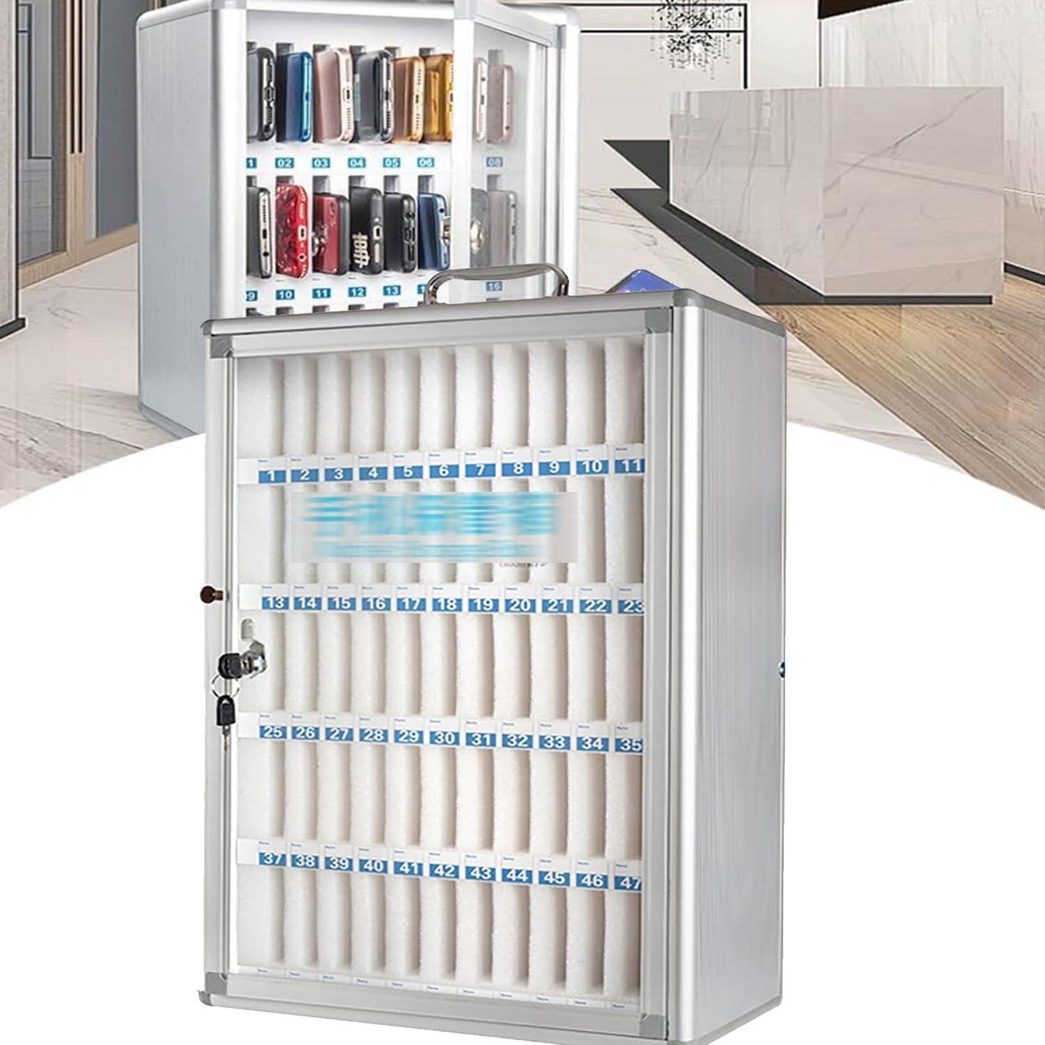 Mobile Phone Storage Box Transparent Acrylic Mobile Phone Security Locker with Key,60-Slot Wall-Mounted Aluminum Alloy Cell Phone Locker Cabinet - Secure Storage for Phones, Ideal for Office