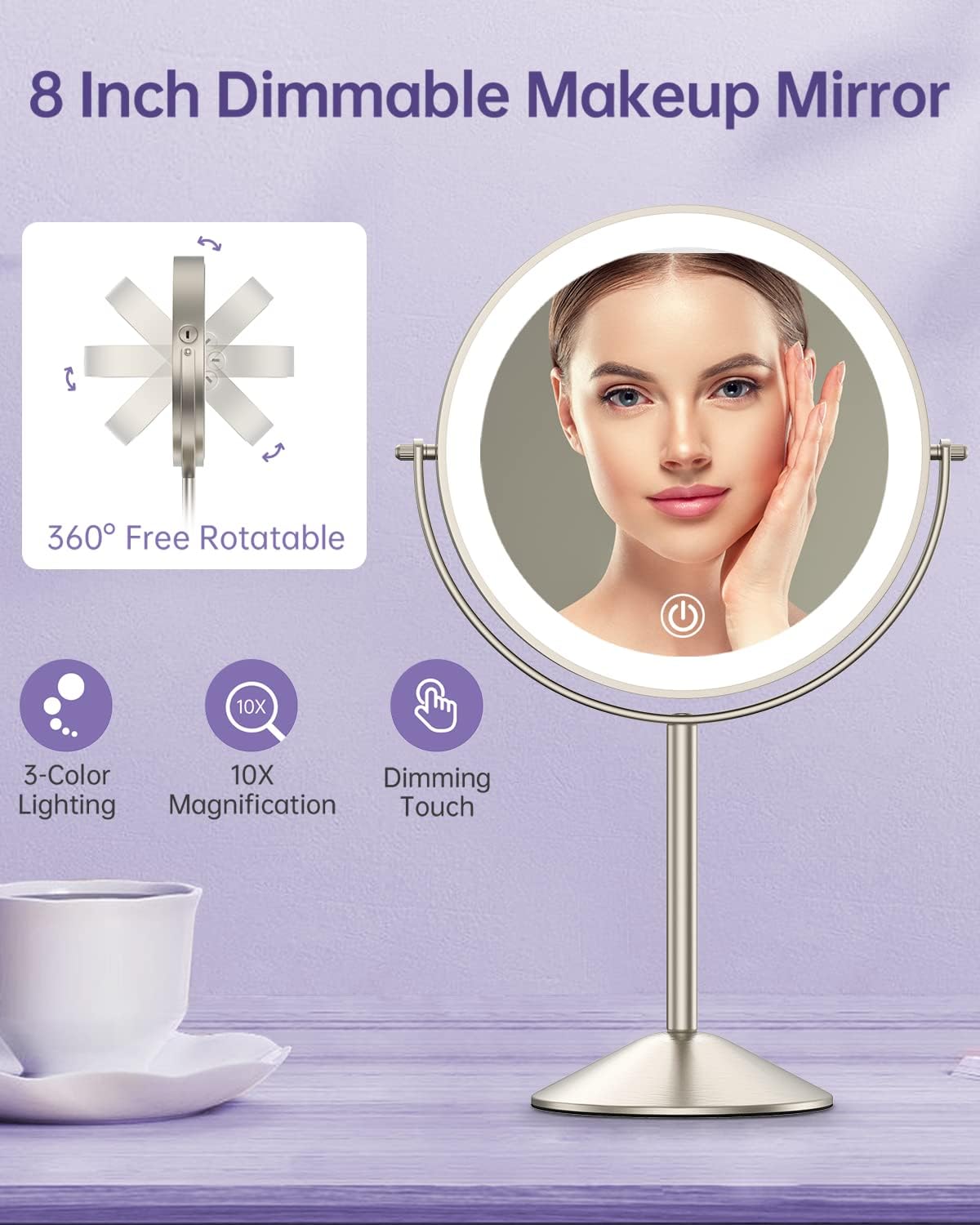 Gospire 8" Lighted Makeup Mirror with Magnification 10X/1X, 3 Color Lights & Dimmable Lighting, 360° Rotation Double Sided Rechargeable Cordless Vanity Cosmetic Standing LED Mirror for Makeup