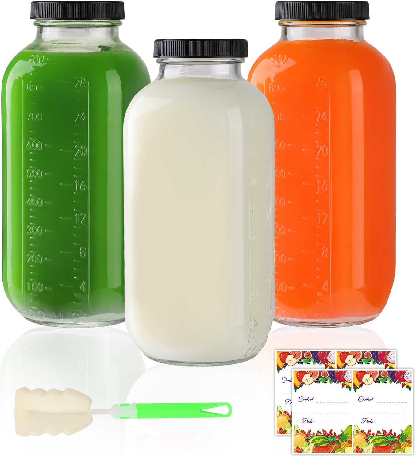 AuroTrends 32 oz Glass Juice Bottles with Lids 3 Pack - Large 960ml Reusable Bottles for Juice, Kombucha, Lemonade, Smoothies & Craft Soda with Leak-Resistant Cap