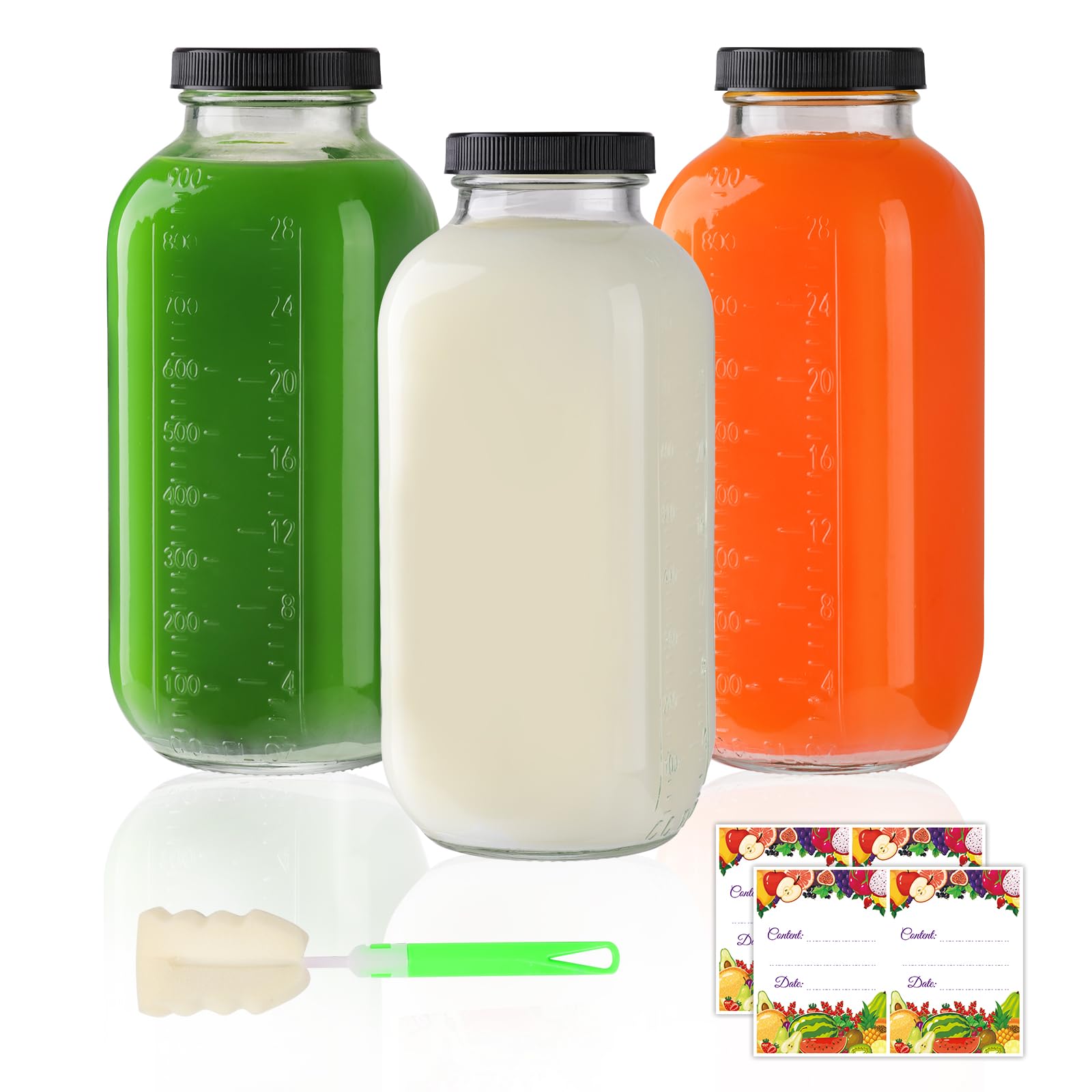 AuroTrends Glass Juice Bottles with Lids 32 oz 3Pack, 960ml Glass Bottles for Juicing, Water, Kombucha - 32 oz Glass Bottles with Lids, Juicing Bottles Reusable Glass (32fl.oz, Set of 3)