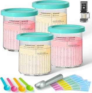 GuanQiao 4 Pack Creami Deluxe Pints & Lids for Ninja, 24 Oz Compatible with NC500 NC501 Series Ice Cream Makers, with 5 Spoons & 64 Writable Labels, BPA-Free & Dishwasher Safe, Blue