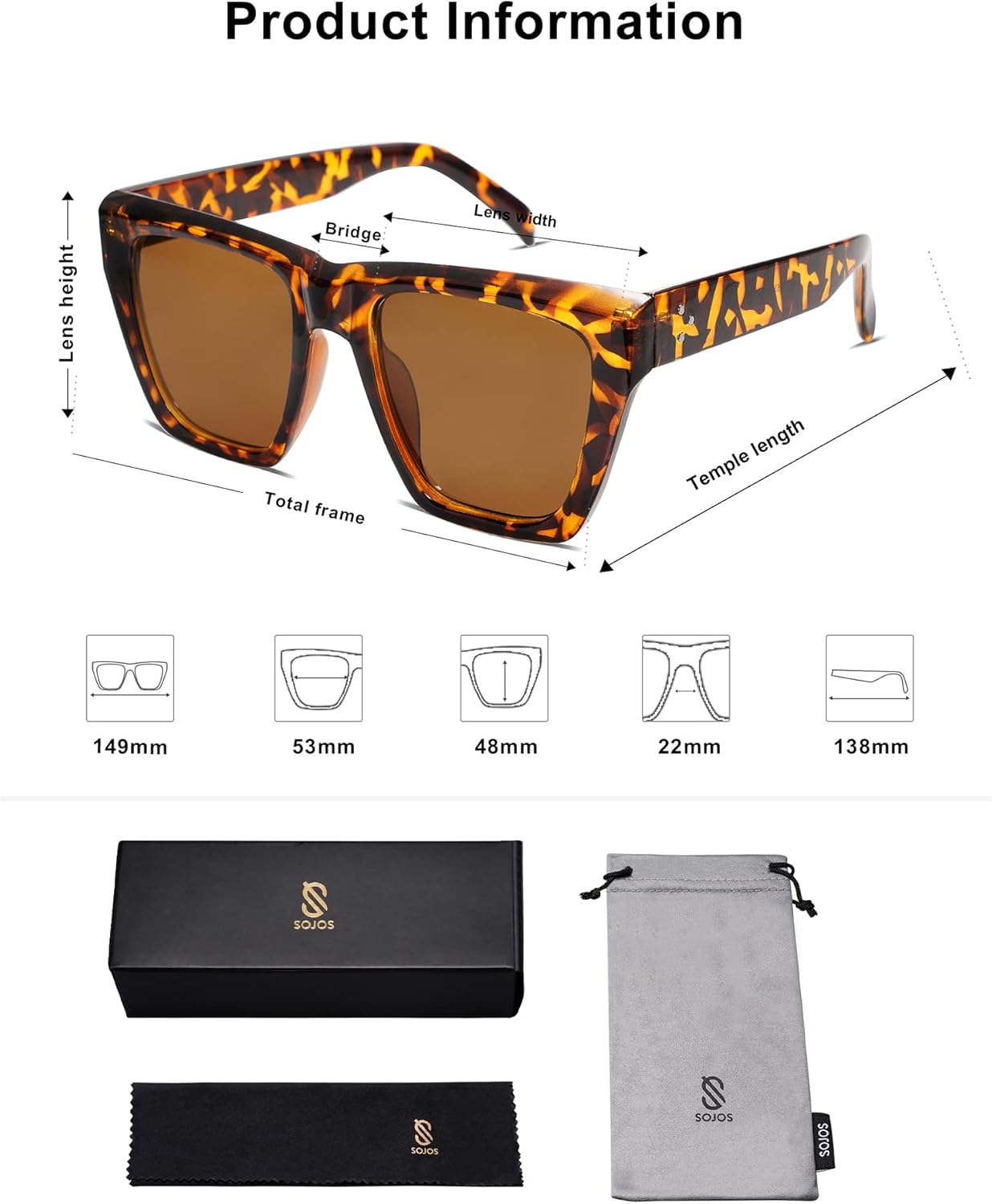 Miniatura 5 de SOJOS Gafas de sol polarizadas cuadradas de gran tamaño para mujer estilo ojo de gato estilo ojo de gato estilo vintage SJ2179