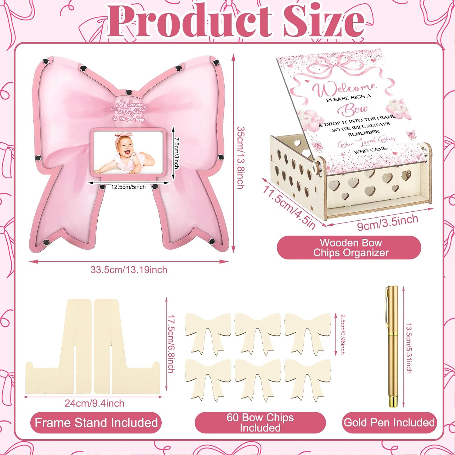 Wenqik 63 Pcs Coquette Pink Bow Baby Shower Guest Book Alternatives Set Baby Shower Decorations with Photo Frame Sonogram Frame Keepsake 60 Wood Slices Guest Book for Birthday
