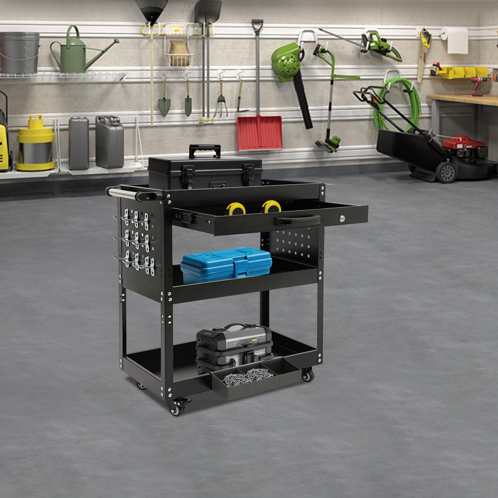 Carrello portautensili vuoto, a 3 piani con cassetto, portata 250 kg, in acciaio blu, 4 ruote (2 freni), per officina, garage e magazzini (nero)
