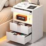 Yusong LED Nightstand Bedside Table with Charging Station 2 Drawers, Black Modern Sofa Couch End Side Table with LED Lights and Pull-Out Shelf for Bedroom Living Room, Wooden