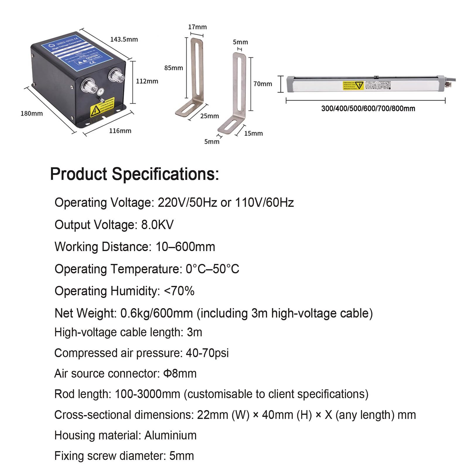SenhE Varilla Antiestática Aire Ionizante, Barra de Eliminación Electrostática, Eliminador de Estática de Barra Ionizadora Antiestática de Potencia de Salida de 8,0 KV