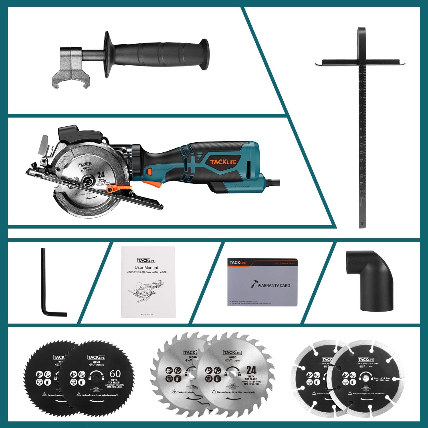All components of the 546 TCS115A Circular Saw laid out, including the saw, metal handle, various blades, hex key, parallel guide, and dust port.