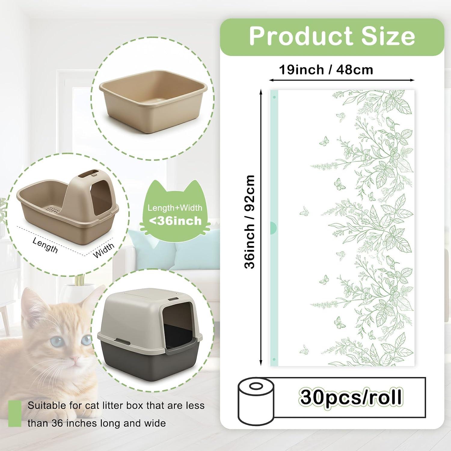 Bienbee Litter Box Liners, 60 Pack 36" x 19" Large Size Cat Litter Bags Extra Thick Cat Box Liners Easy Cleanup Tear Resistant Heavy Duty Cats Litters Pan Liner with Drawstring Pet Cats Supplies